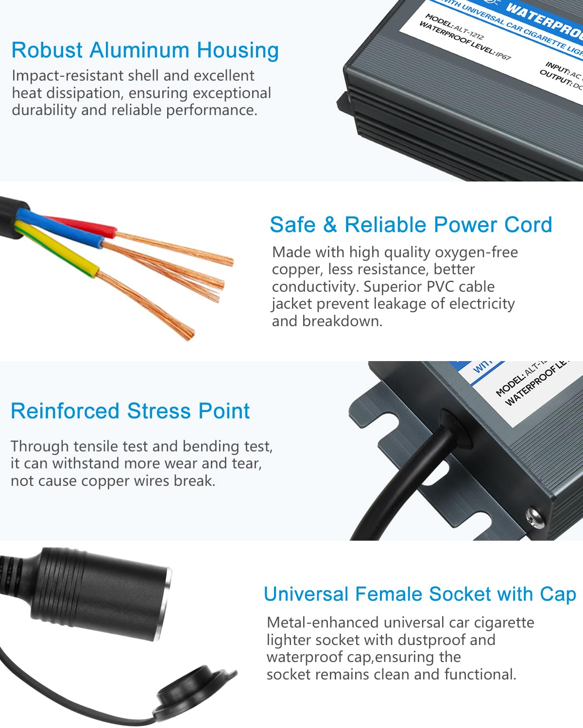 Alitove Ac To Dc Converter 110V To 12V 12.5A 150W Max Outdoor Power Supply 13Ft Ip67 Waterproof Ac/Dc Adapter With Car Cigarette