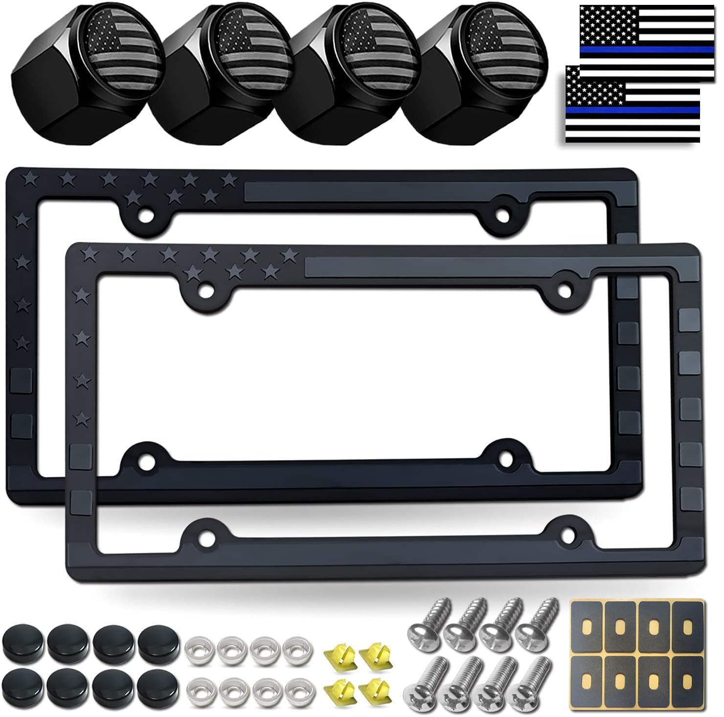 Black American Flag License Plate Frames- Patriotic USA Stars and Stripes Flag Plastic Car Tag Cover Holder with Mount Screws Ca