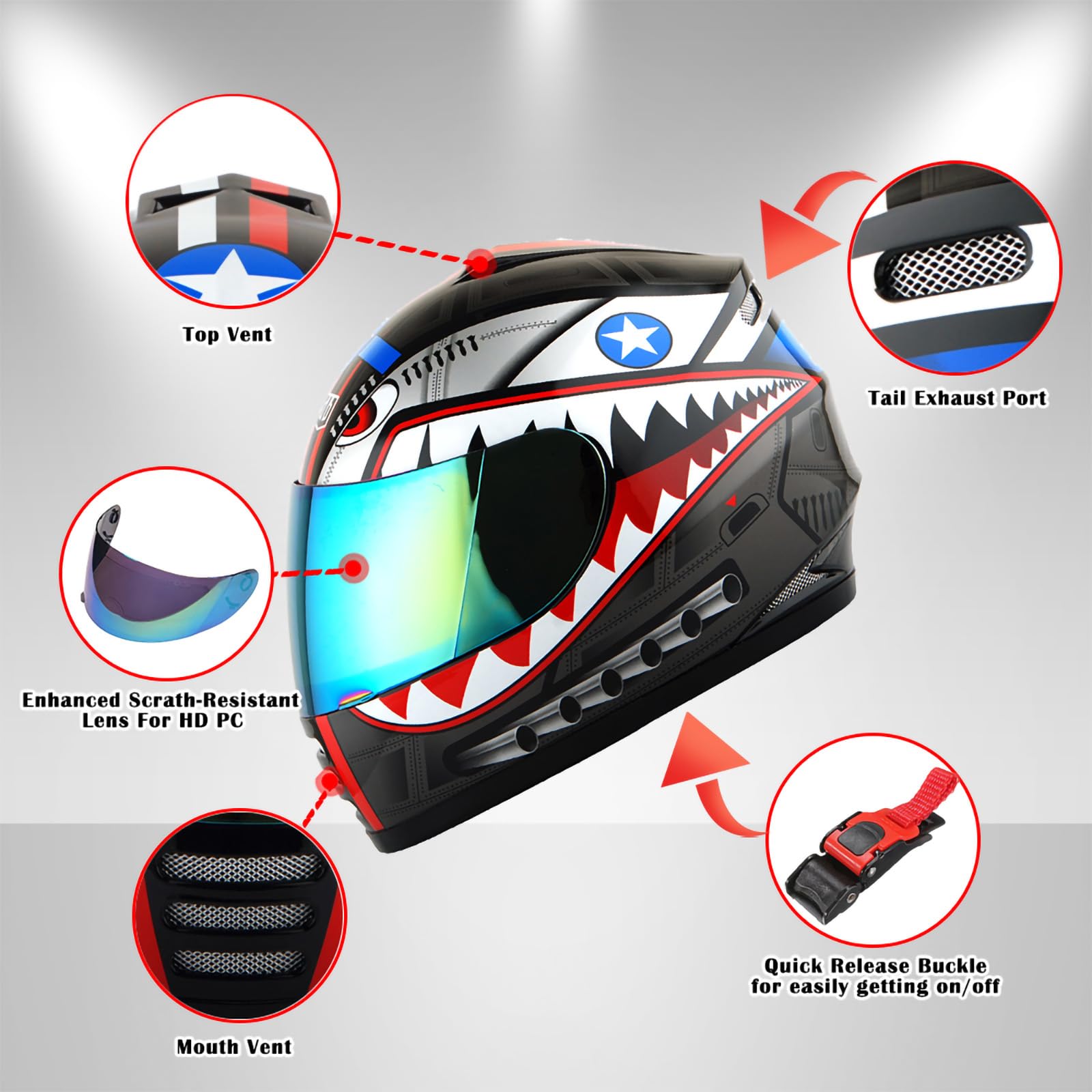 Wow Youth Motorcycle Full Face Helmet Street Bike Bmx Mx Kids Shark Black + Mx Skeleton Glove Bundle Size Medium