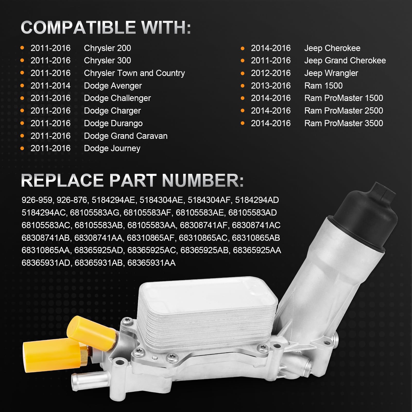 926-959 Aluminum Engine Oil Filter Housing Oil Cooler Kit With Gaskets & Sensors Compatible With 2011-2016 Chrysler Dodge Avenger Journey Jeep Wrangler Ram Promaster 3.6L