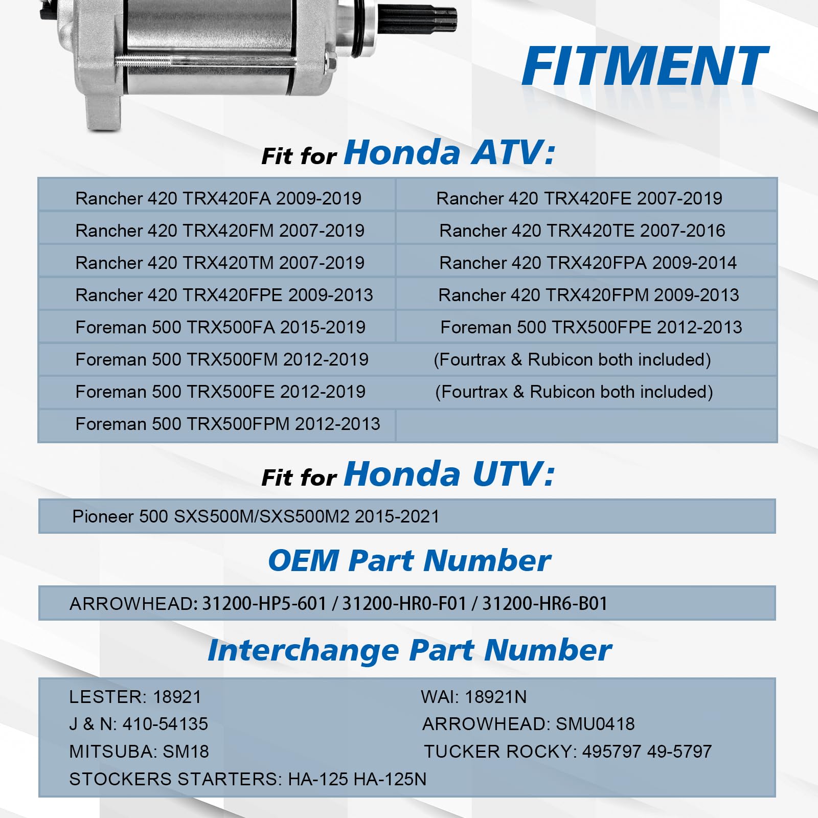 Evtok Starter Motor With Relay Compatible With Honda Rancher 420 Trx420, Foreman 500 Trx500, Pioneer 500 Sxs500M, Replace 31200-