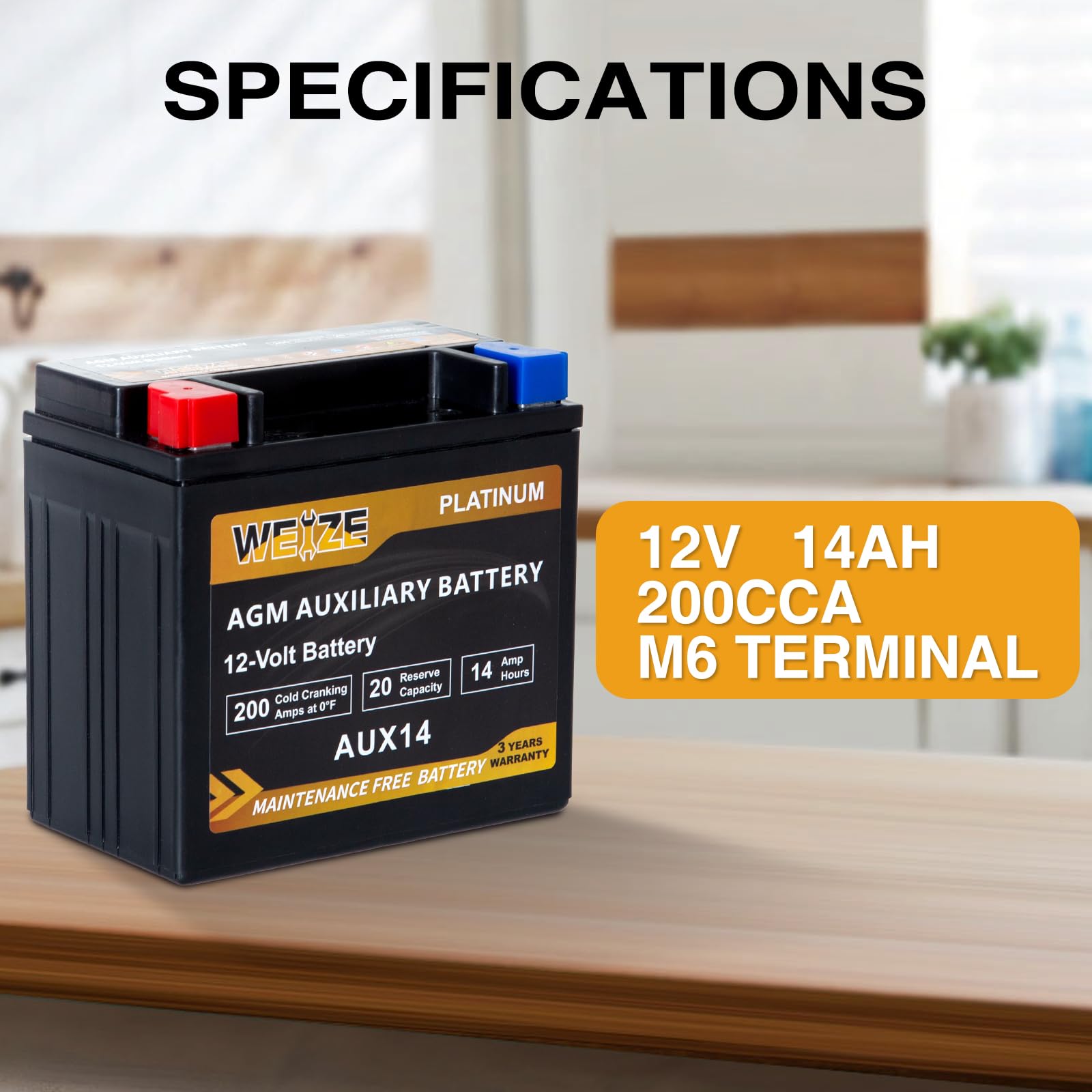Weize Aux14 Agm Auxiliary Battery, 36 Months Warranty, 200Cca, Bci Group 400 Battery