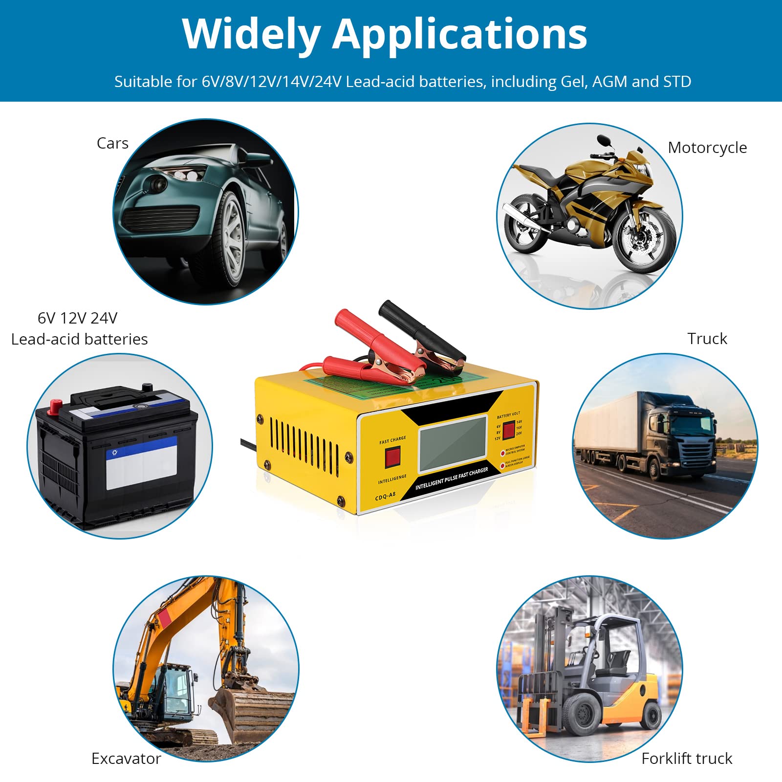 AUTOUTLET 0-10A Smart Car Battery Charger & Trickle Maintainer, Fully Automatic, 6/8/12/14/24V, Yellow, 23.5*14