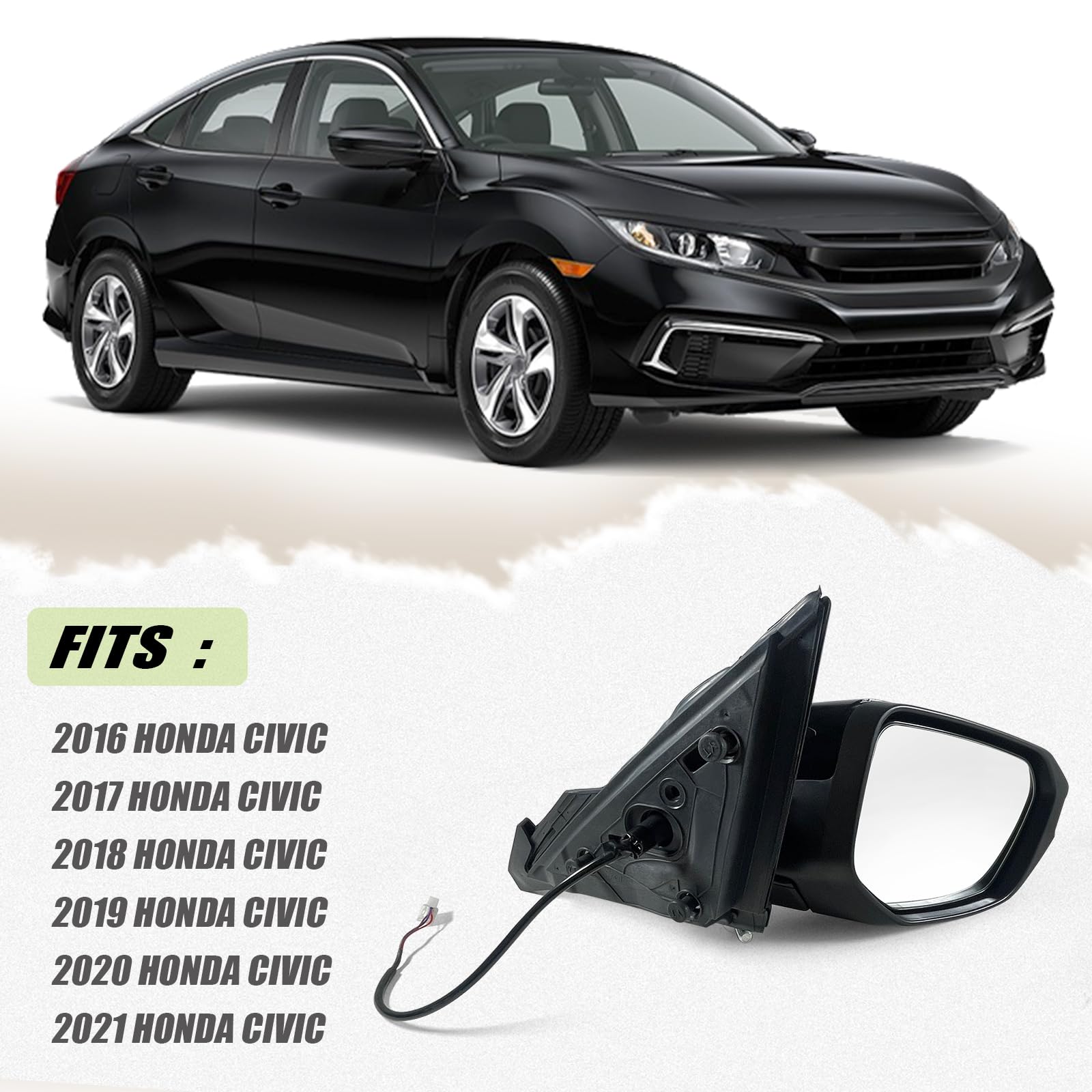 Lqito Right Passenger Side Door Mirror For 2016-2021 HONDA CIVIC LX SE Sport with Power Mirror Ajust Manual Fold Non-Heat Match