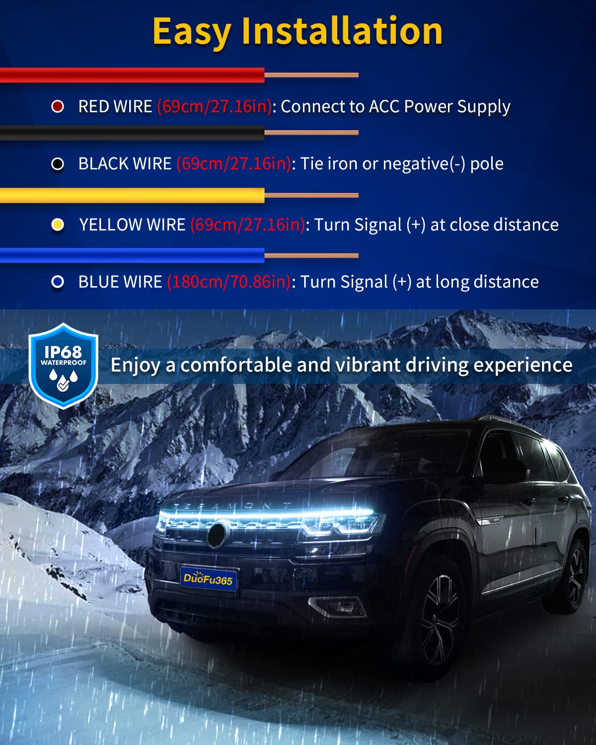 Exterior Car Led Hood Light Strip,Dual Color Dynamic Scan Start Up Hoodbeam Kit,Led Daytime Running Lights Ice Blue&Amber Switch