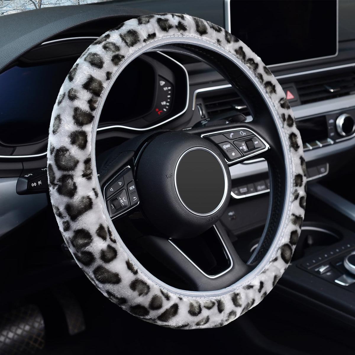 Kafeek Elastic Long Microfiber Plush Steering Wheel Cover For Winter Warm, Universal 15 Inch, Anti-Slip, Odorless, Leopard Gray