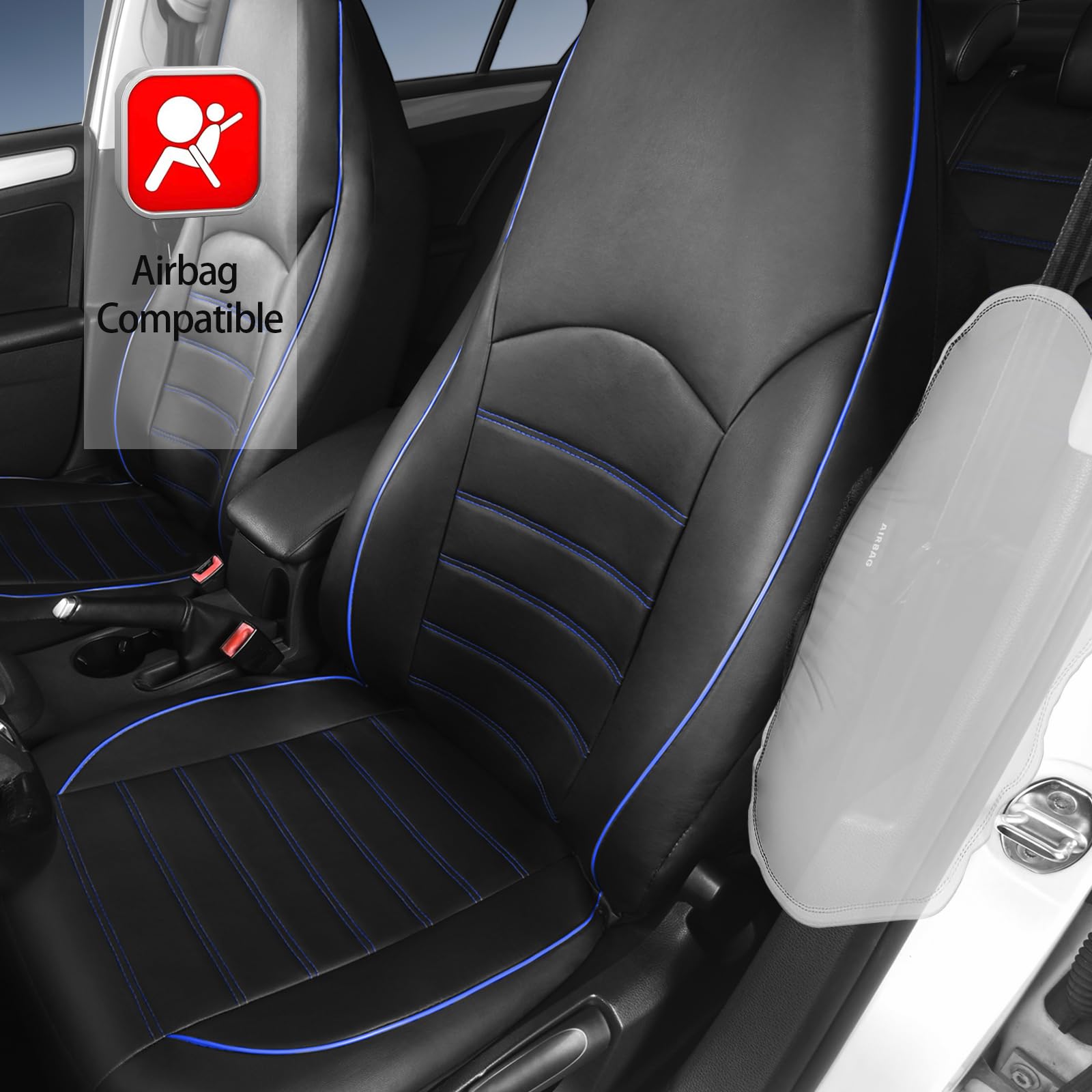 Toyoun Classic Universal Pu Leather Car Seat Covers Full Set Fit Most Cars Trucks Suvs Or Vans Blue High Back Front Bucket And R