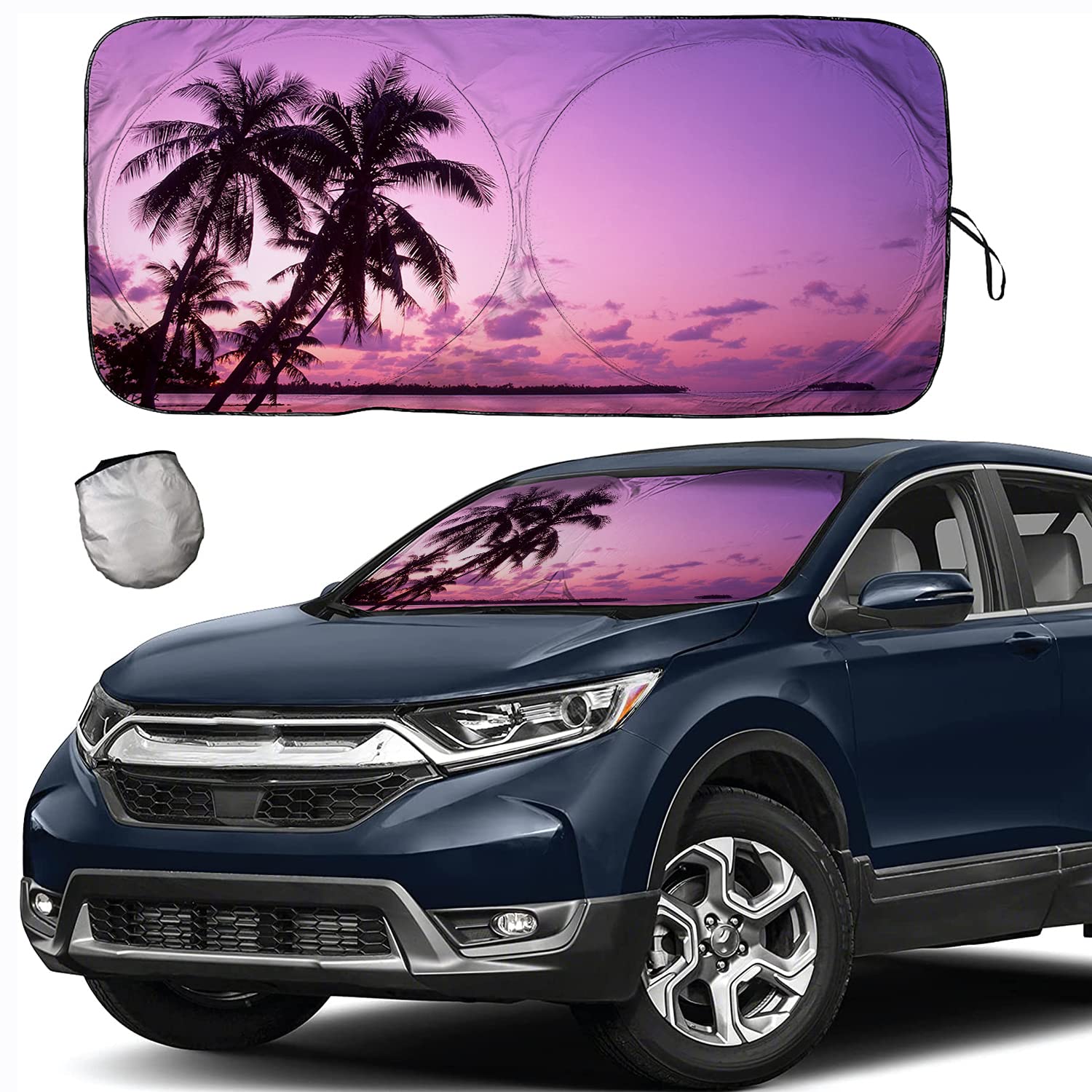 [2025 Upgrade] Tropical Palm Tree Sunset Beach Windshield Sun Shades, Sunshade For Car Suv Truck,Keep The Vehicle Cool,The Vehic