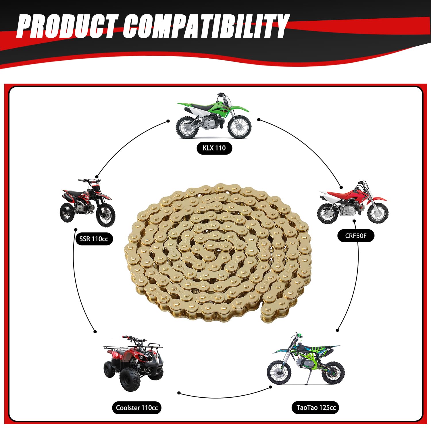 KAMIER 420 Motorcycle Chain 132 Links Gold with Chain Breaker for KX85 KX100 TTR110 SSR TaoTao Coolster Apollo Baja 50 70 90 110