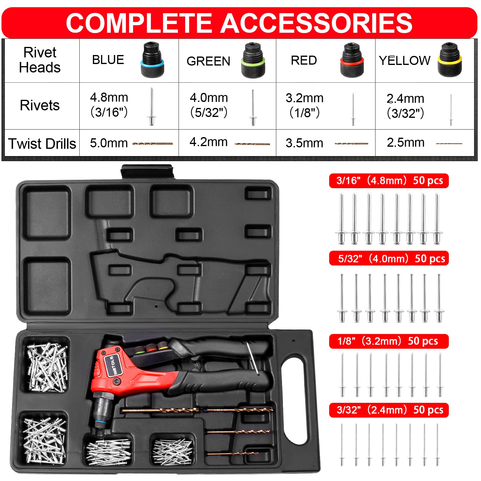 Wetols Pop Rivet Gun Kit With 200 Blind Rivets, Upgraded Manual Single Hand Riveter With 4 Tool-Free Interchangeable Rivet Heads
