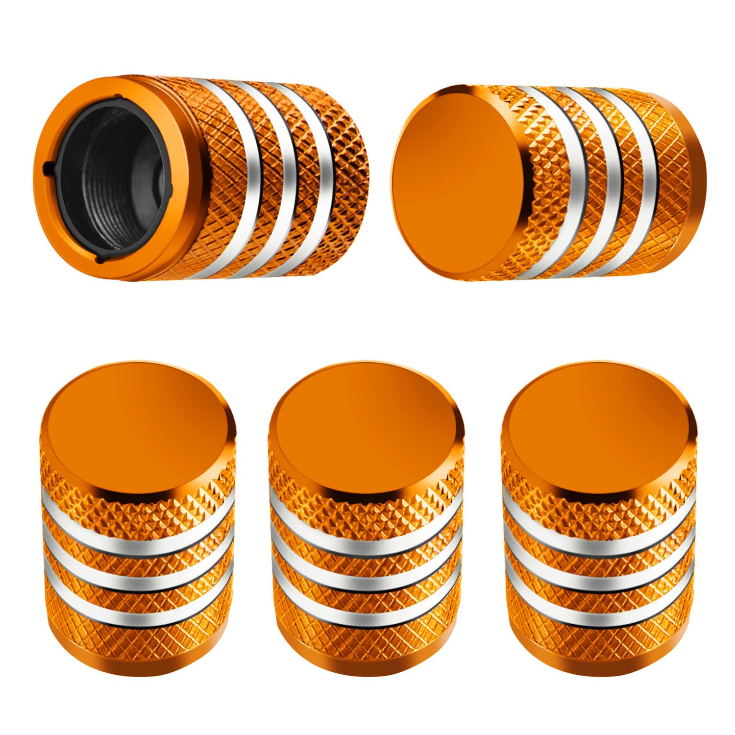 Tire Valve Stem Caps - (5 Pack) Tire Air Caps Metal With Plastic Liner Corrosion Resistant Leak-Proof For Car Truck Motorcycle Suv And Bike Orange