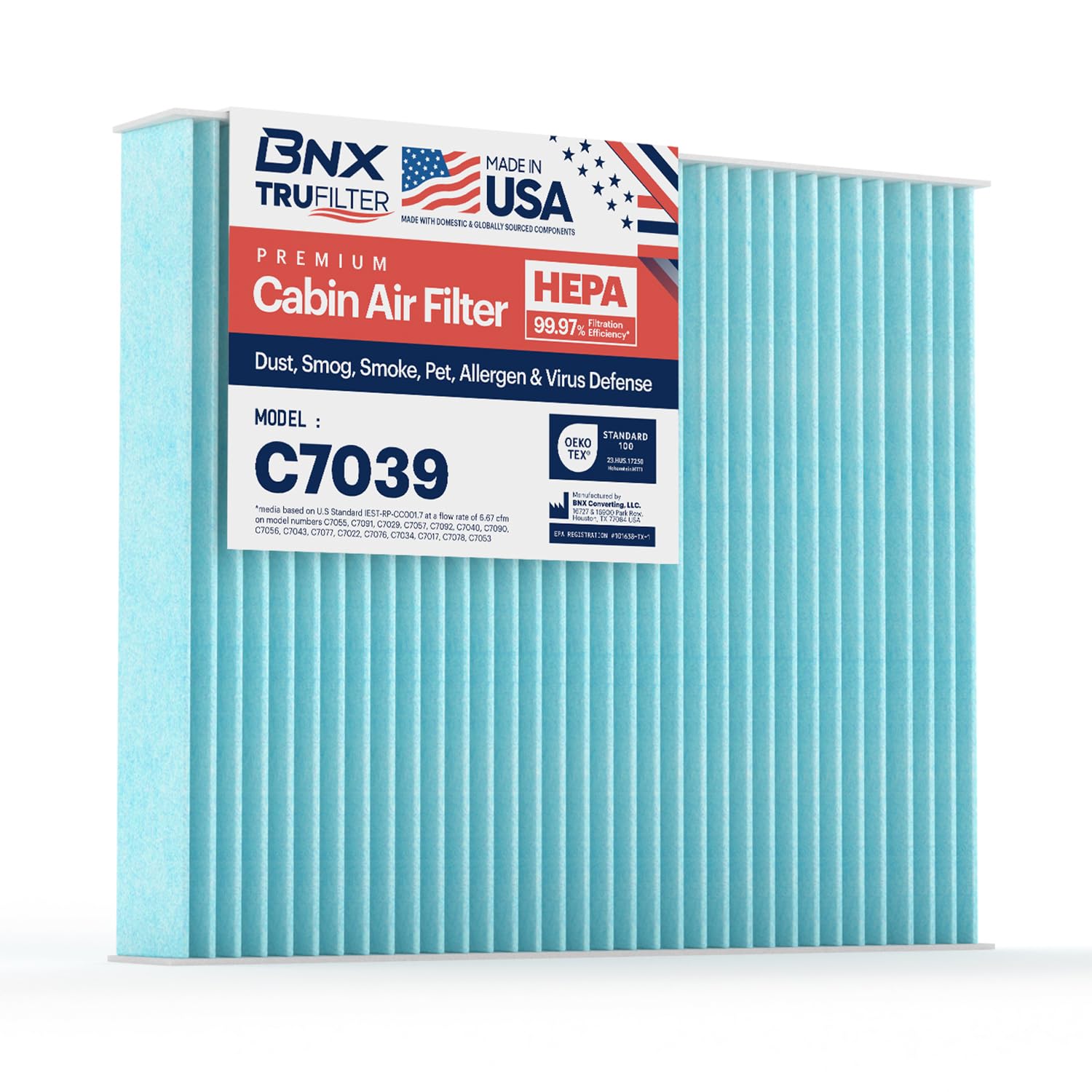 Bnx Trufilter C7039 Cabin Air Filter, Hepa 99.97%, Compatible With Chevrolet: Cruze, Malibu, Orlando, Sonic, Spark, Trax, Volt;