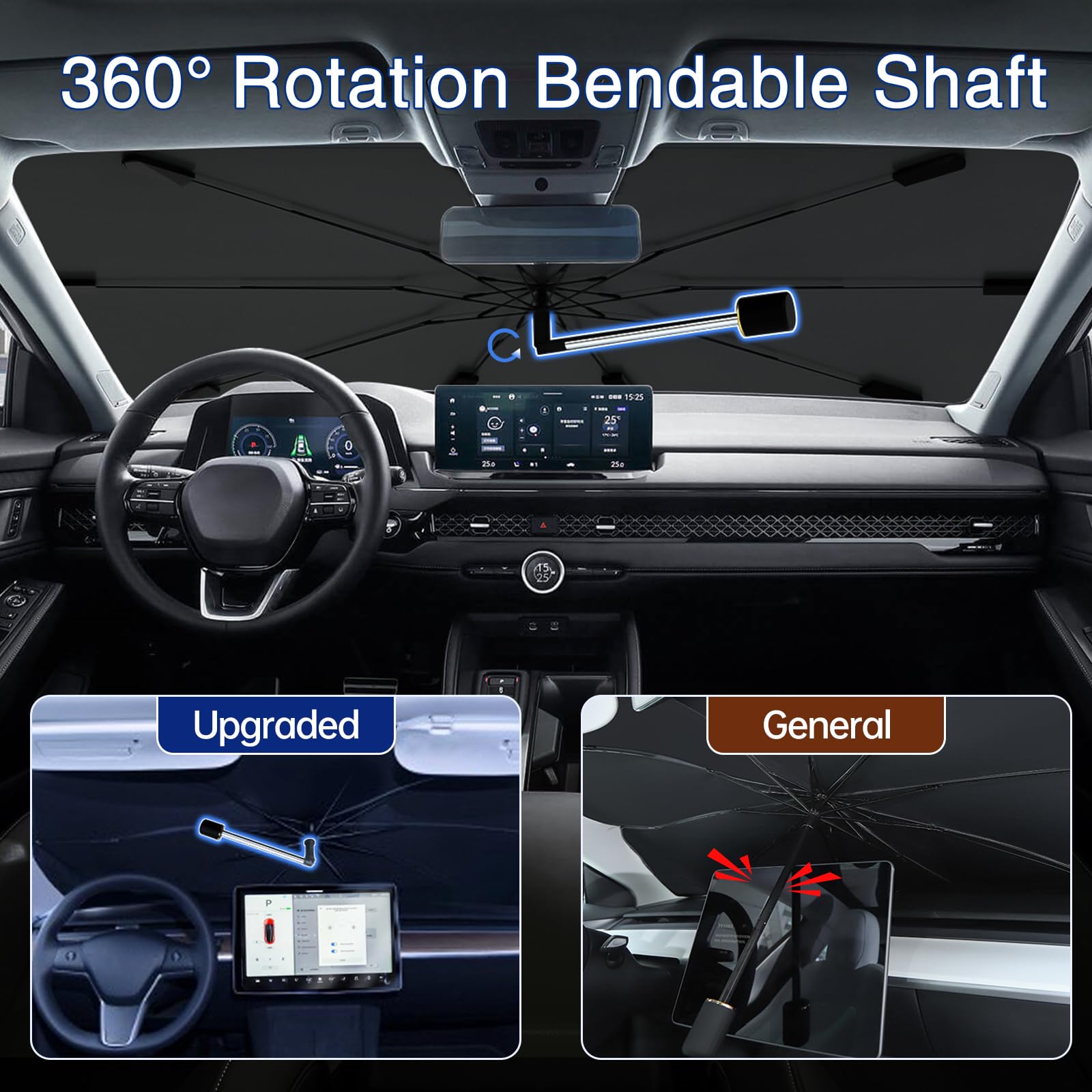 Car Windshield Sun Shade Umbrella, Upgraded Windshield Sunshades with 360 Rotation Bendable Handle, Foldable Automotive Windshie