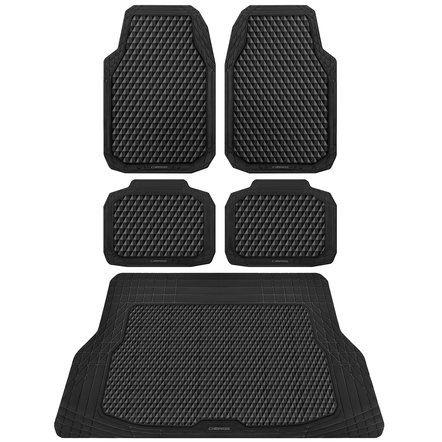 CAR PASS Black Rubber Car Floor Mats & Cargo Liners, Durable Anti-Slip 3D Rhombus Waterproof Automotive Pad Trim Fit Liner All-W