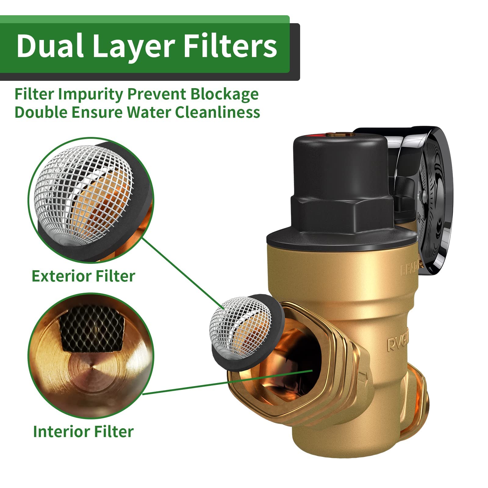 Rvguard Rv Water Pressure Regulator Valve, Brass Lead-Free Adjustable Water Pressure Reducer With Gauge And Inlet Screen Filter