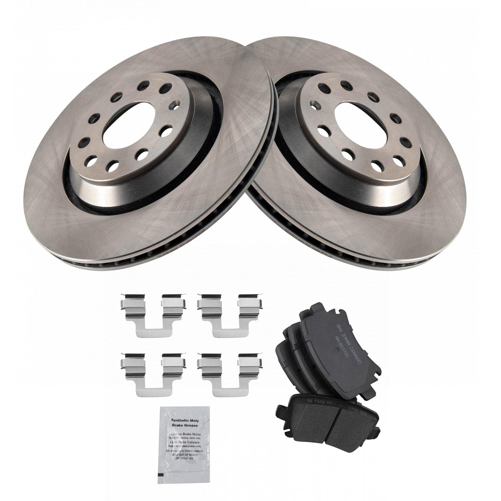 TRQ Rear Brake Pad & Rotor Kit Brake Pads Brake Rotor Ceramic Vented Compatible with 2009-2013 Volkswagen CC 2010 Passat 2008 R3