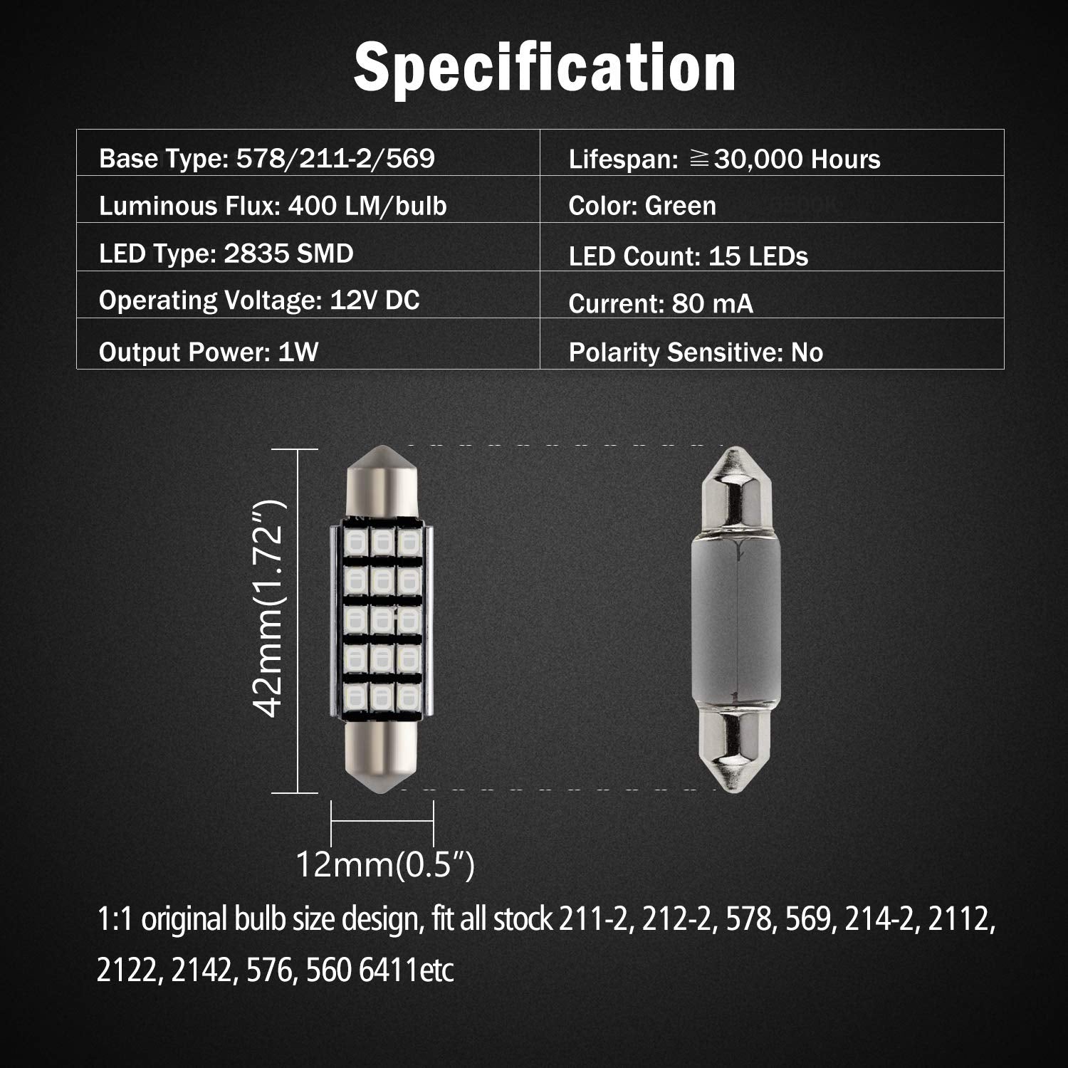 Brishine 578 211-2 Led Bulbs, Super Bright Green 2835 Chipsets Canbus Error Free 41Mm 42Mm 1.72    Festoon 212-2 569 Led Bulbs F