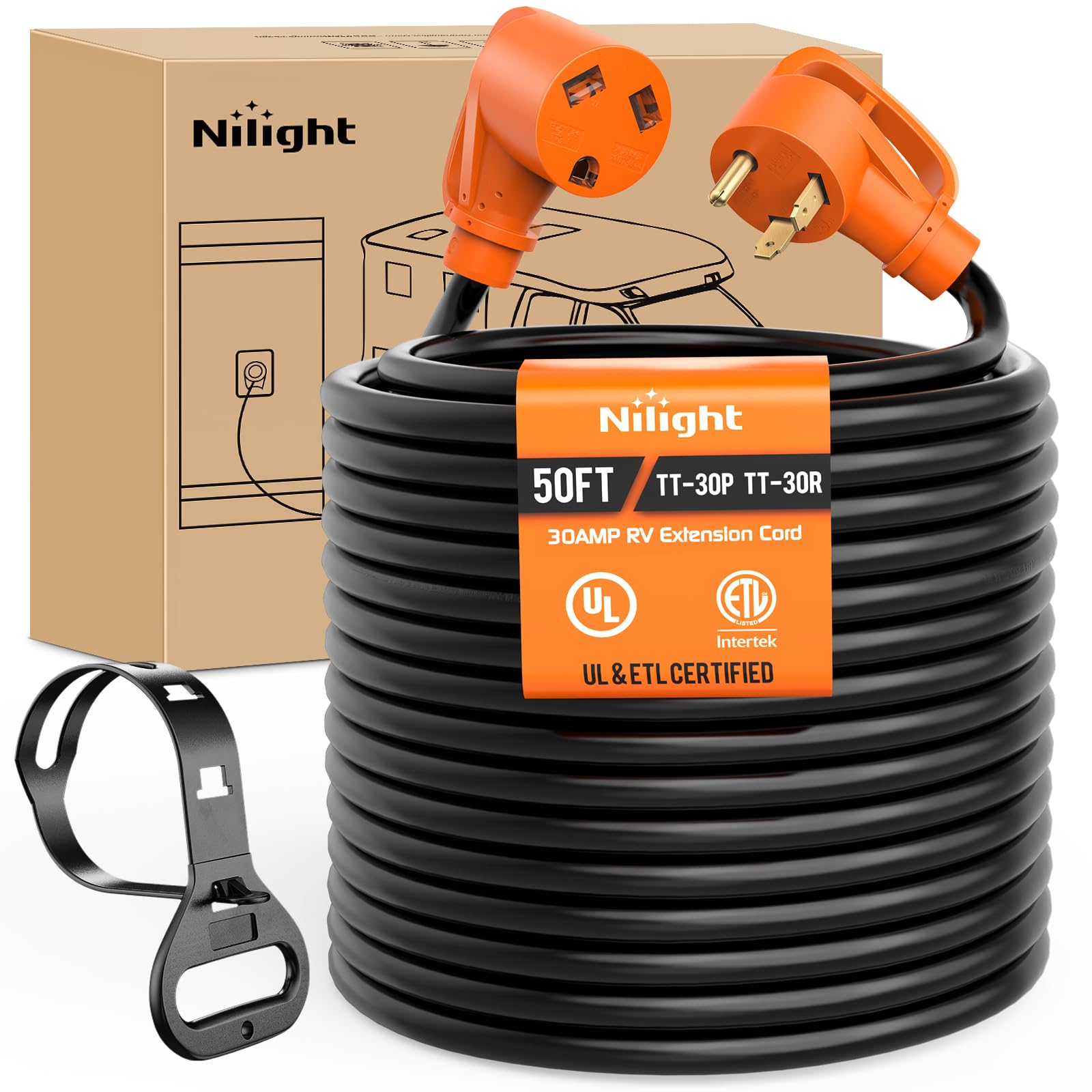 Nilight 30 Amp 50Ft Rv Extension Cord 125V Heavy Duty 10 Gauge Pure Copper Stw Wire Ul Etl Listed 3 Prong Tt-30P Tt-30R 30F/30M