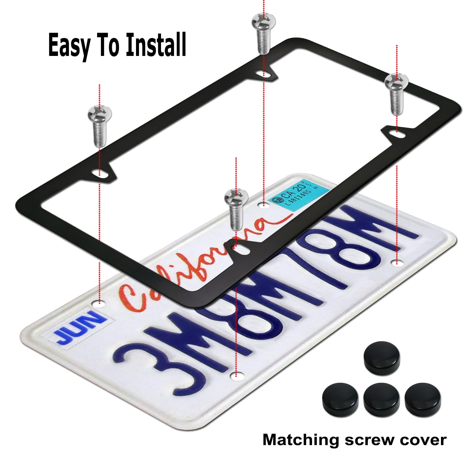 YoUoY Matte Black License Plate Frames- Aluminum Front & Rear Car Tag Covers for Men Women, 2 Pack 4 Hole Thin Slim Holders with