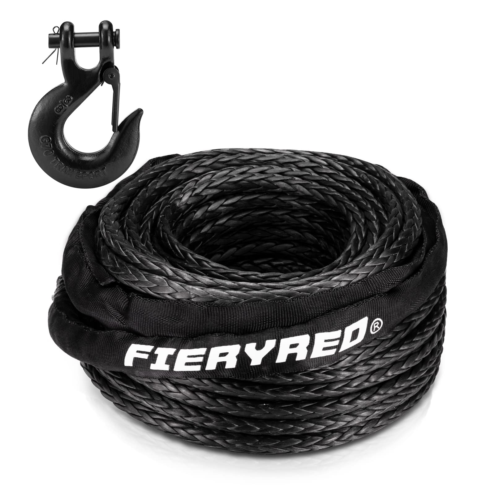 FIERYRED Synthetic Winch Rope Cable Kit 3/8inch 100FT 26500lbs Winch Line Replacement with Forged Hook Protective Sleeve for 4WD