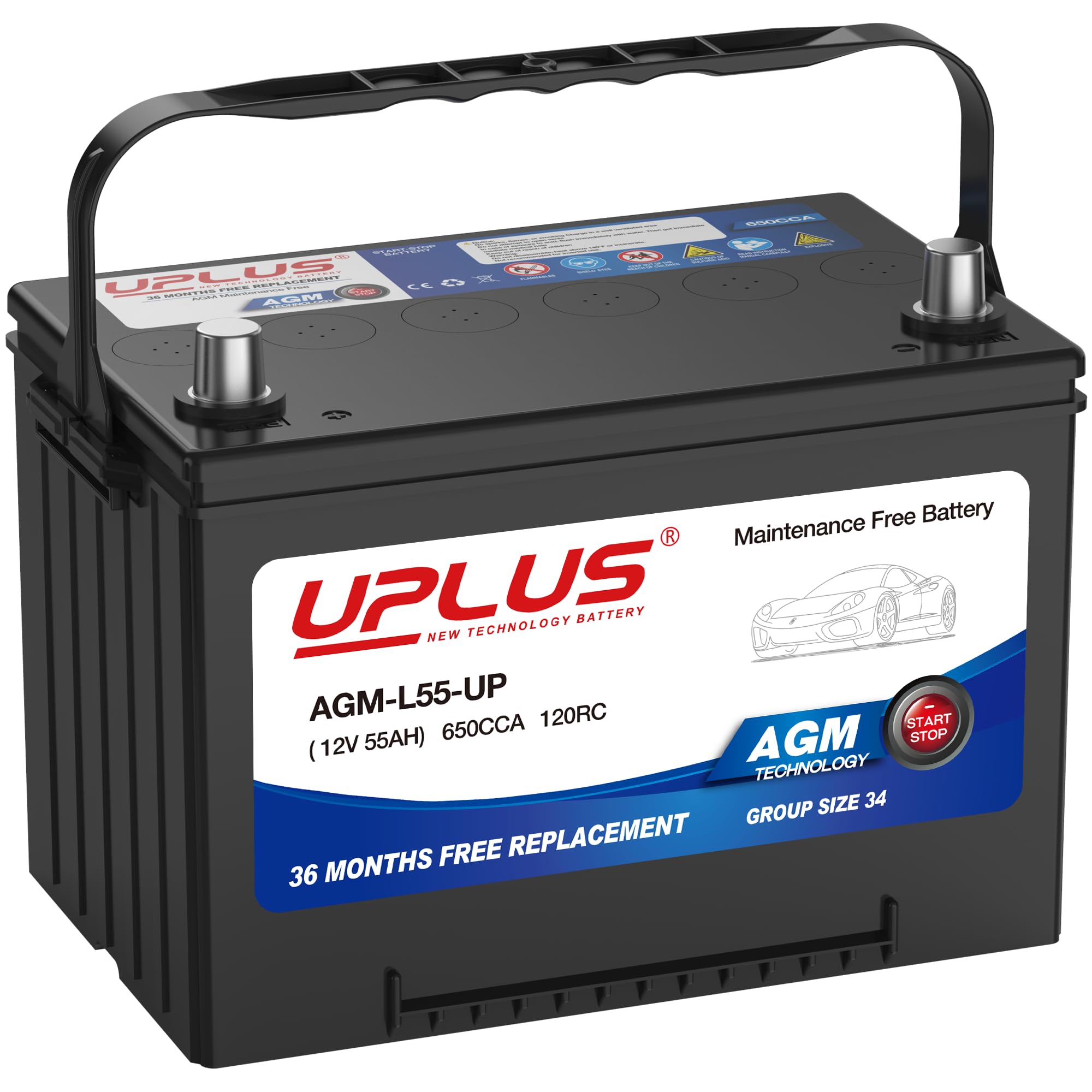 Uplus Bci Group 24 Car Battery, Agm-L55-Up Maintenance Free 12V 55Ah Premium Agm Batteries Bci Group 34 Automotive Battery, 650C