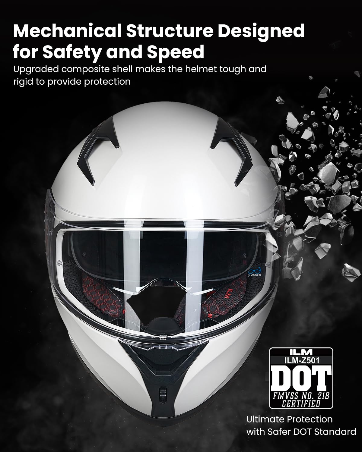Ilm Motorcycle Helmet Full Face With Pinlock Compatible Clear&Tinted Visors And Fins Street Bike Motocross Casco Dot Model Z501(White, Xx-Large)