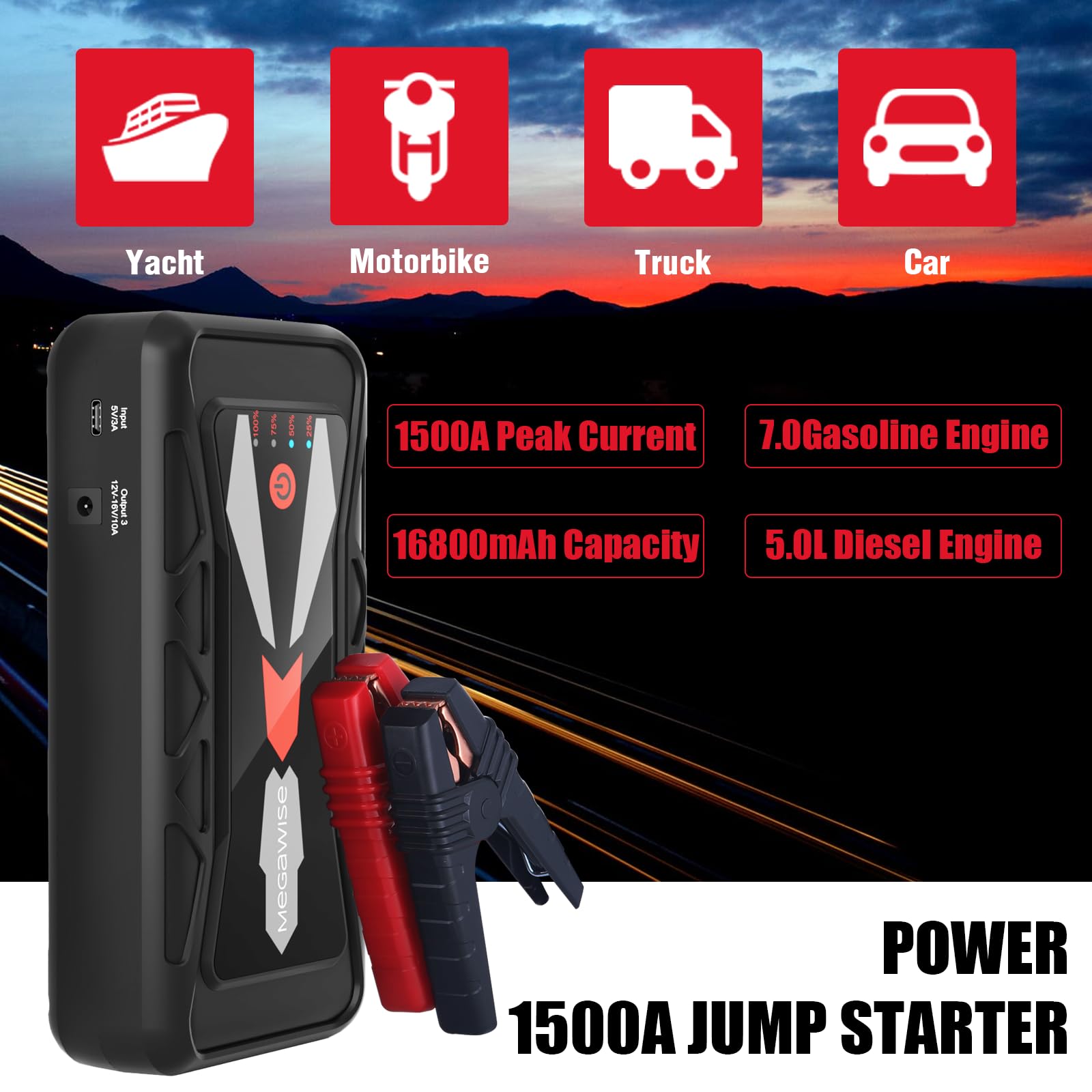 Megawise 1500A Peak 16800Mah Car Battery Jump Starter Booster (Up To 7L Gas Or 5L Diesel Engines), 12V Portable Power With Dual