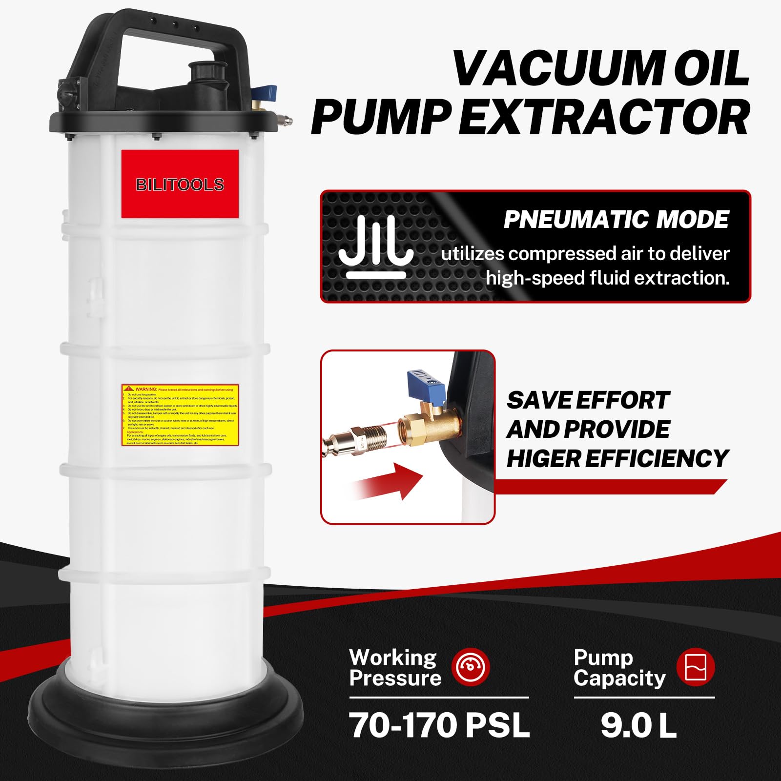 Bilitools 9L Vacuum Oil Pump Extractor Air Operated Automotive Oil Change Tool Large Capacity 2.4 Gallon Pneumatic Engine Dipsti