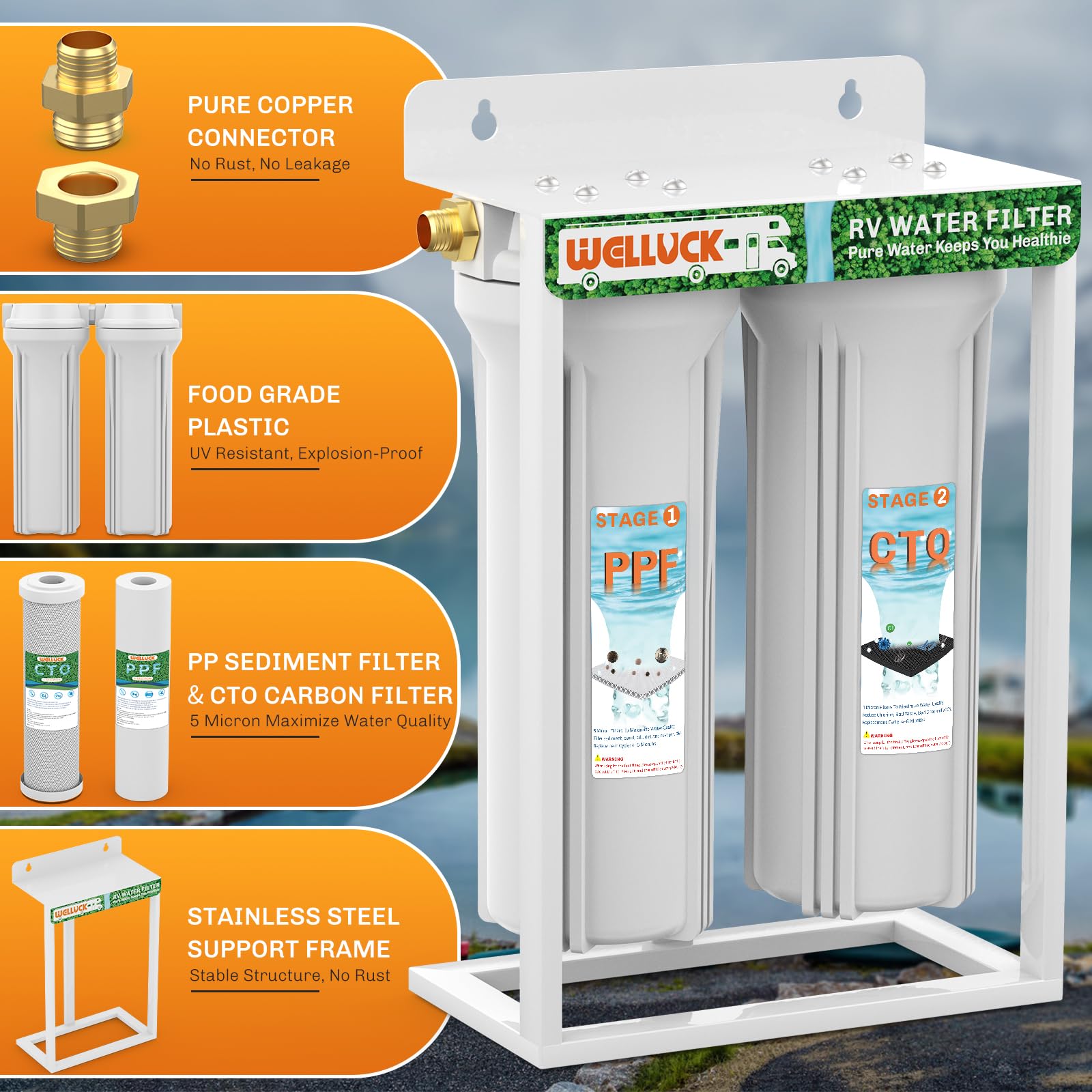 WELLUCK RV Dual Water Filter System - 2PC Kit with Mounting Bracket & Leak-Proof Brass Fittings for Camping & Marine Drinking Water