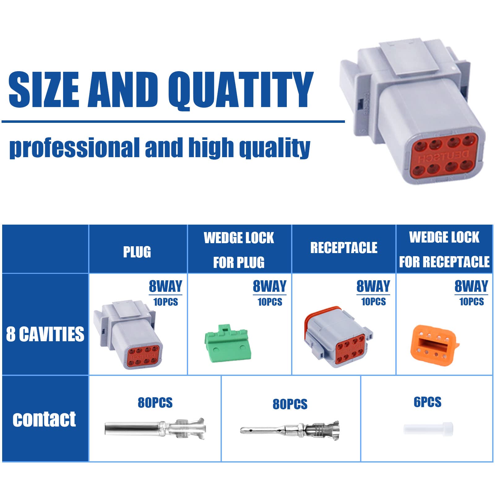 206Pcs 8 Pin Way Deutsch Dt Gray Connector 10 Set,Size 16 Solid Contacts Waterproof Electrical Wire Connector With Seal Plug For Truck, Off-Road Vehicles, Marine, Motorcycle Wiring