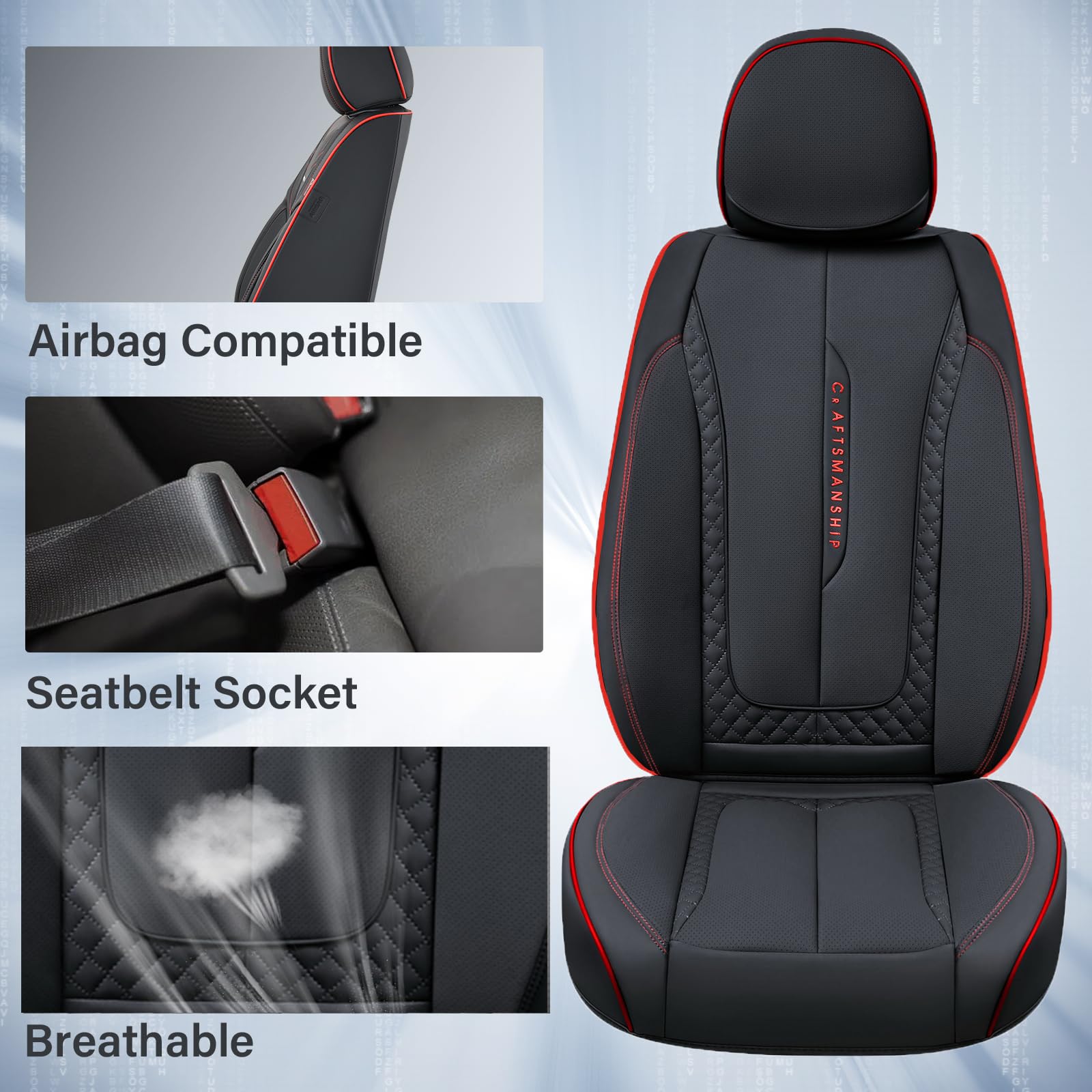 Coverado Car Seat Cover Full Set, Red Seat Covers Front Seats Back Seat Covers, Nappa Leather Waterproof, Car Seat Cushion, Car