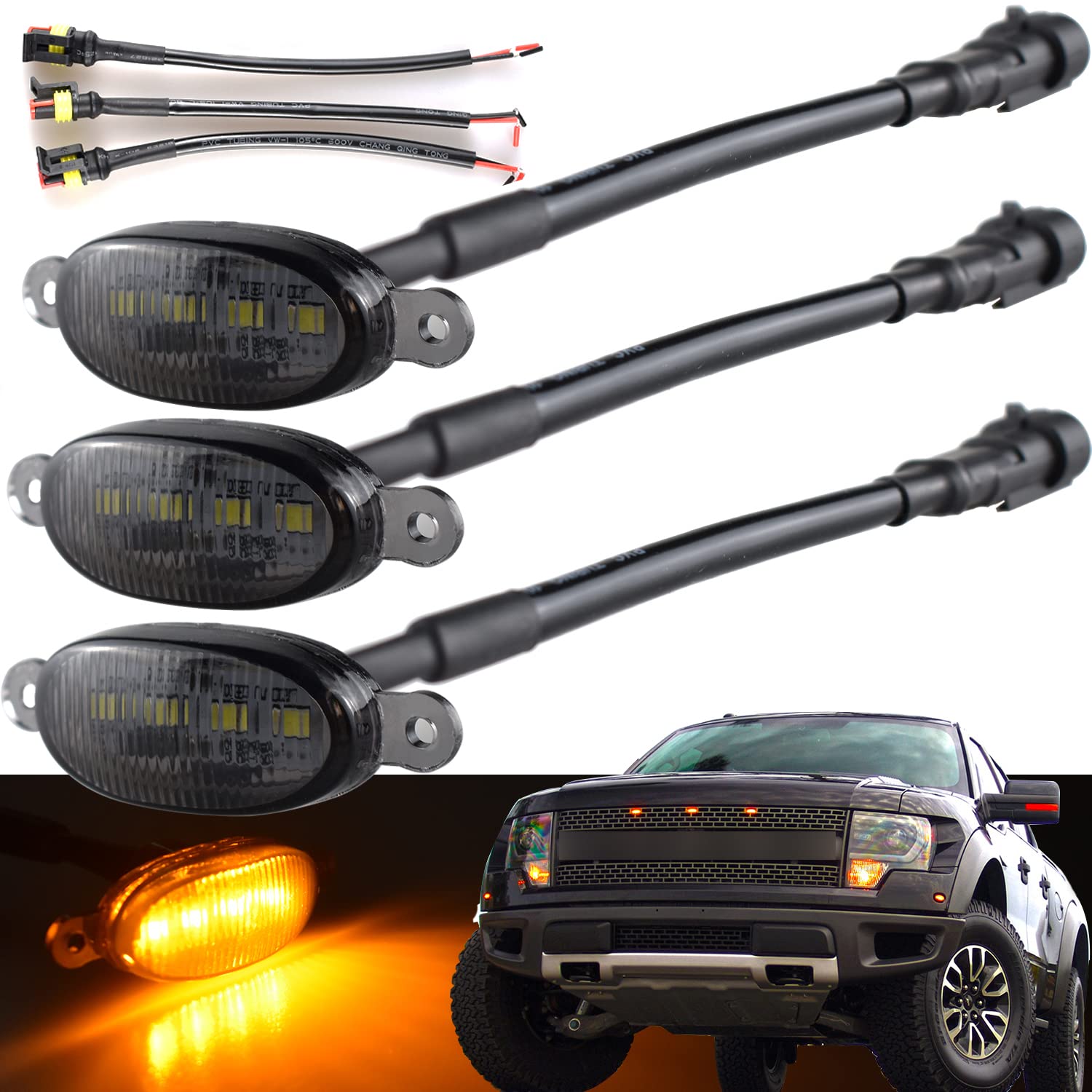 Boigoo Front Grill Lights Compatible For Ford Raptor F150 Grilles 2010-2014 & 2017-Up, Yellow Led Parking/Running Amber Light, N