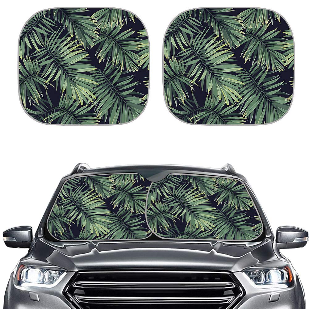 Renewold Tropical Green Leaf Print Car Windshield Sun Shade - Blocks Uv Rays Sun Visor Protector, To Keep Your Vehicle Cool And