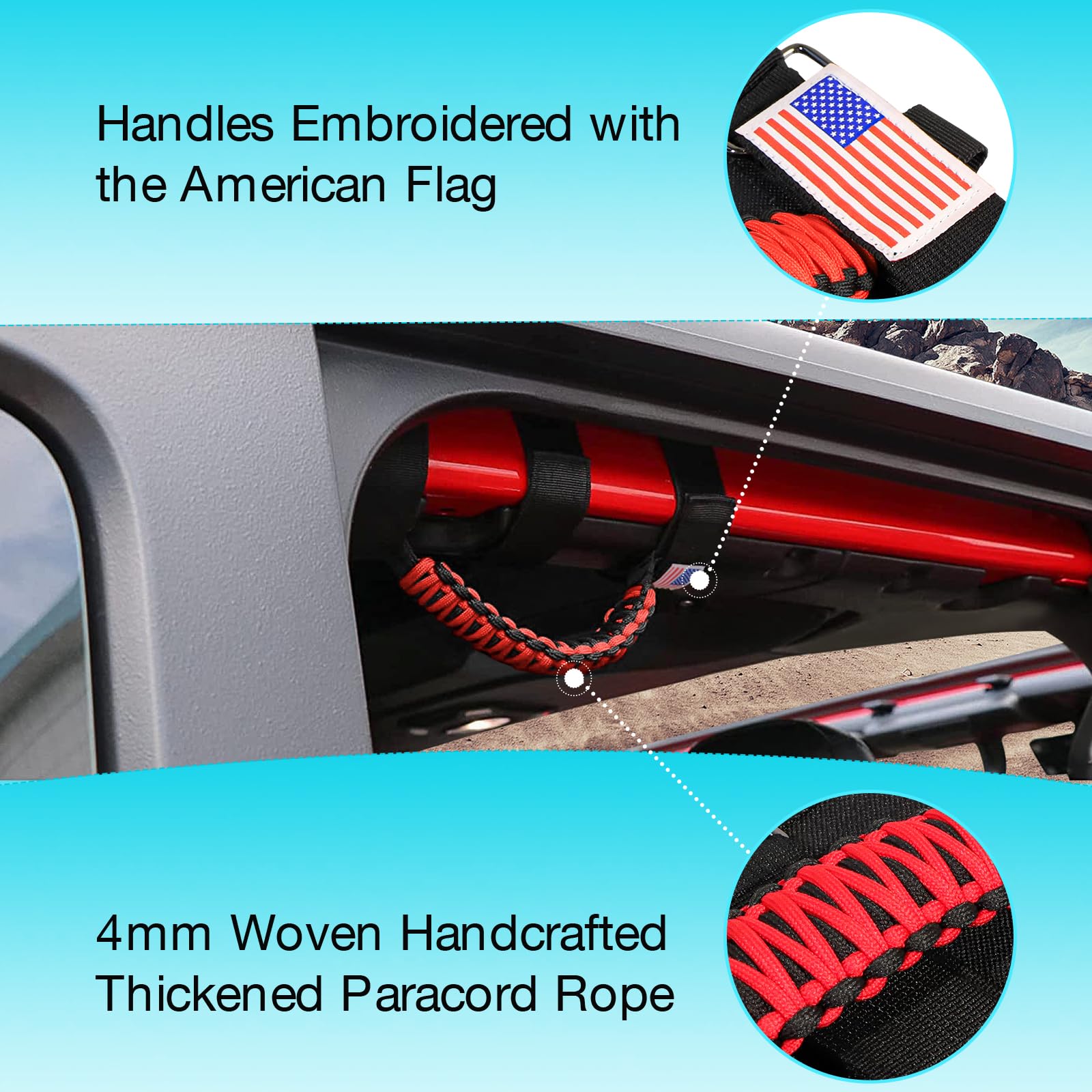 Gaizon 4 Pack Grab Handles Roll Bar Paracord Handgrip Handles with America Flag Pattern Replacement for Jeep Wrangler YJ TJ JK J