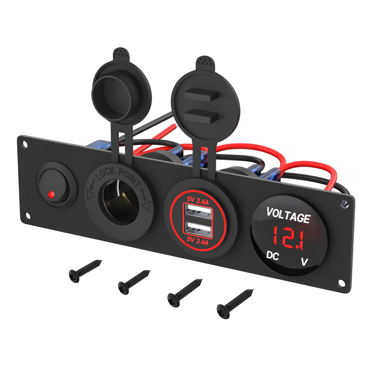 RVMARINEPAT 4 in 1 12V USB Panel with LED Voltmete & Dual USB Charger Socket Power & Cigarette Lighter Socket & Red LED Lighted 