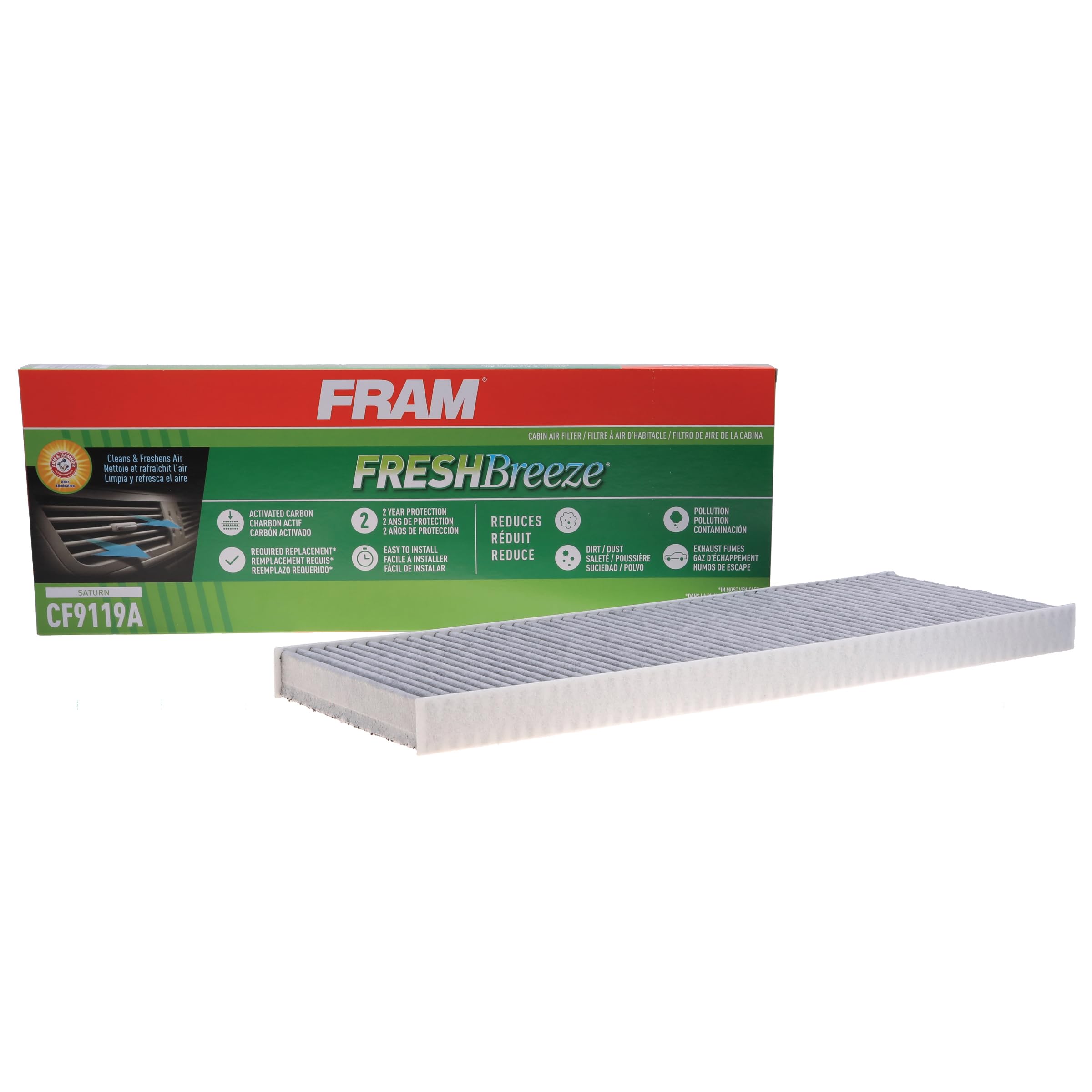 Fram Fresh Breeze Cabin Air Filter Replacement For Car Passenger Compartment W/ Arm And Hammer Baking Soda, Easy Install, Cf9119