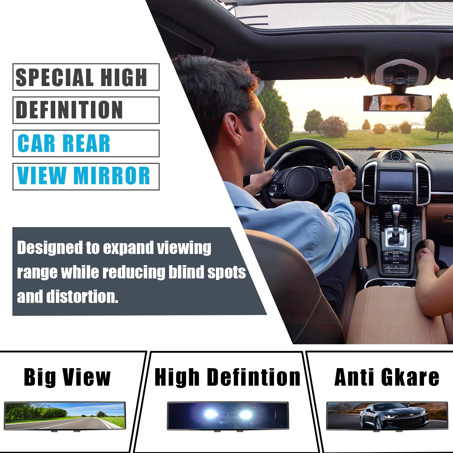 Car Rearview Mirrors,Yoolight Car Universal 12'' Interior Clip On Panoramic Rear View Mirror Wide Angle Rear View Mirror (12L X 2.8 H)