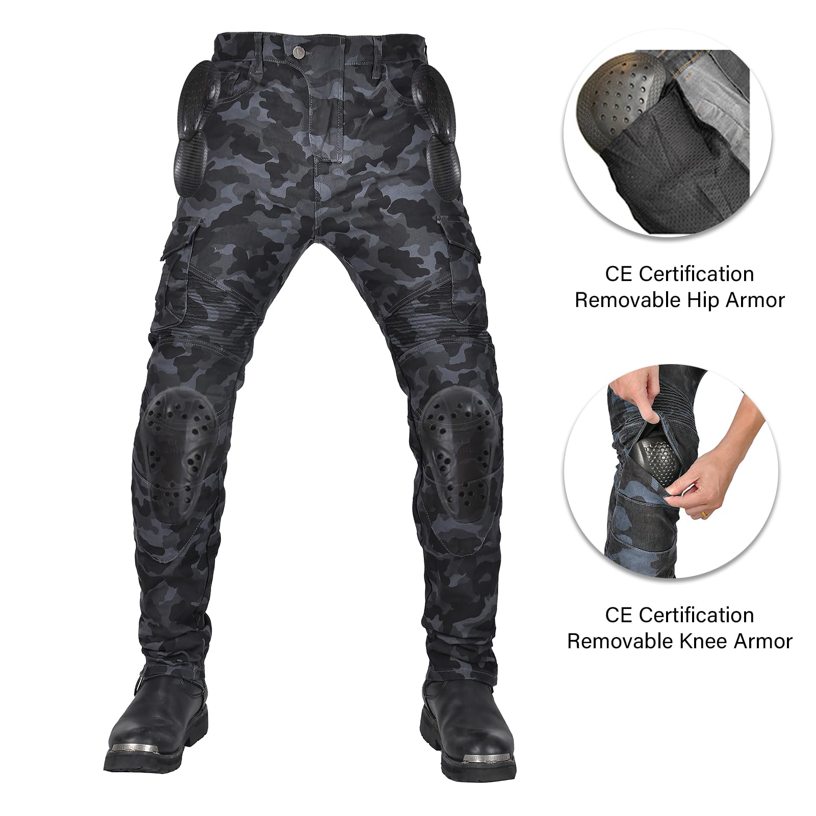 LOMENG Motorcycle Pants Motorbike Riding Denim Jeans Biker Motocross Pants with CE Removable Armored for Men Blue Camouflage M