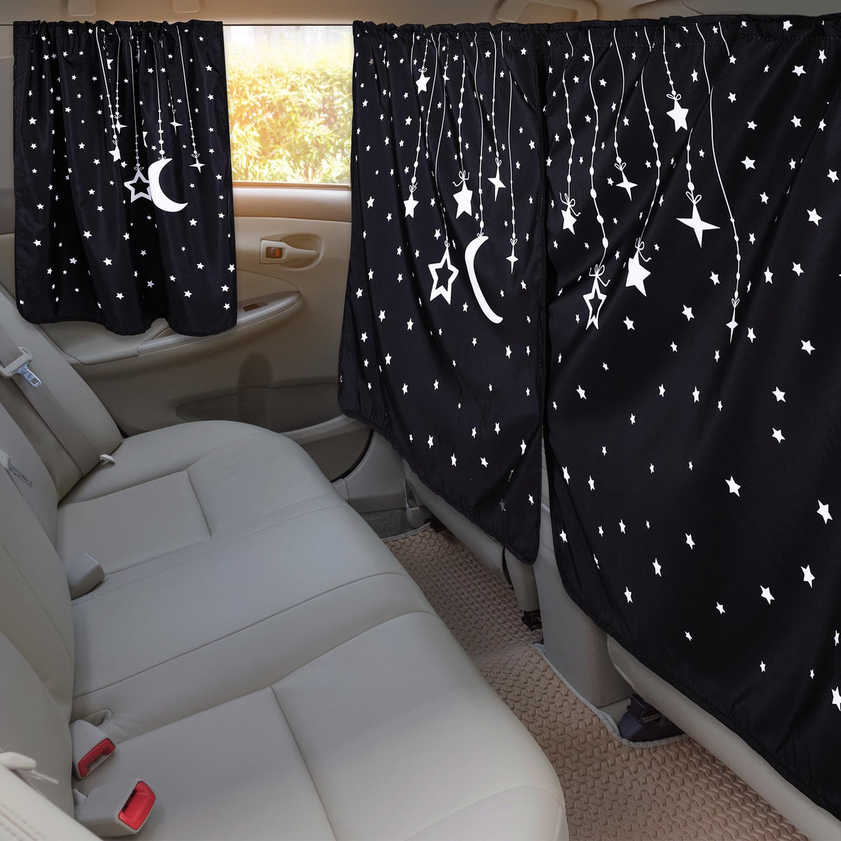 BBTO Privacy Curtains Set - 3 Car Dividers for Windows, Sedan, SUV, Travel & Camping - Detachable, Moon & Star Design