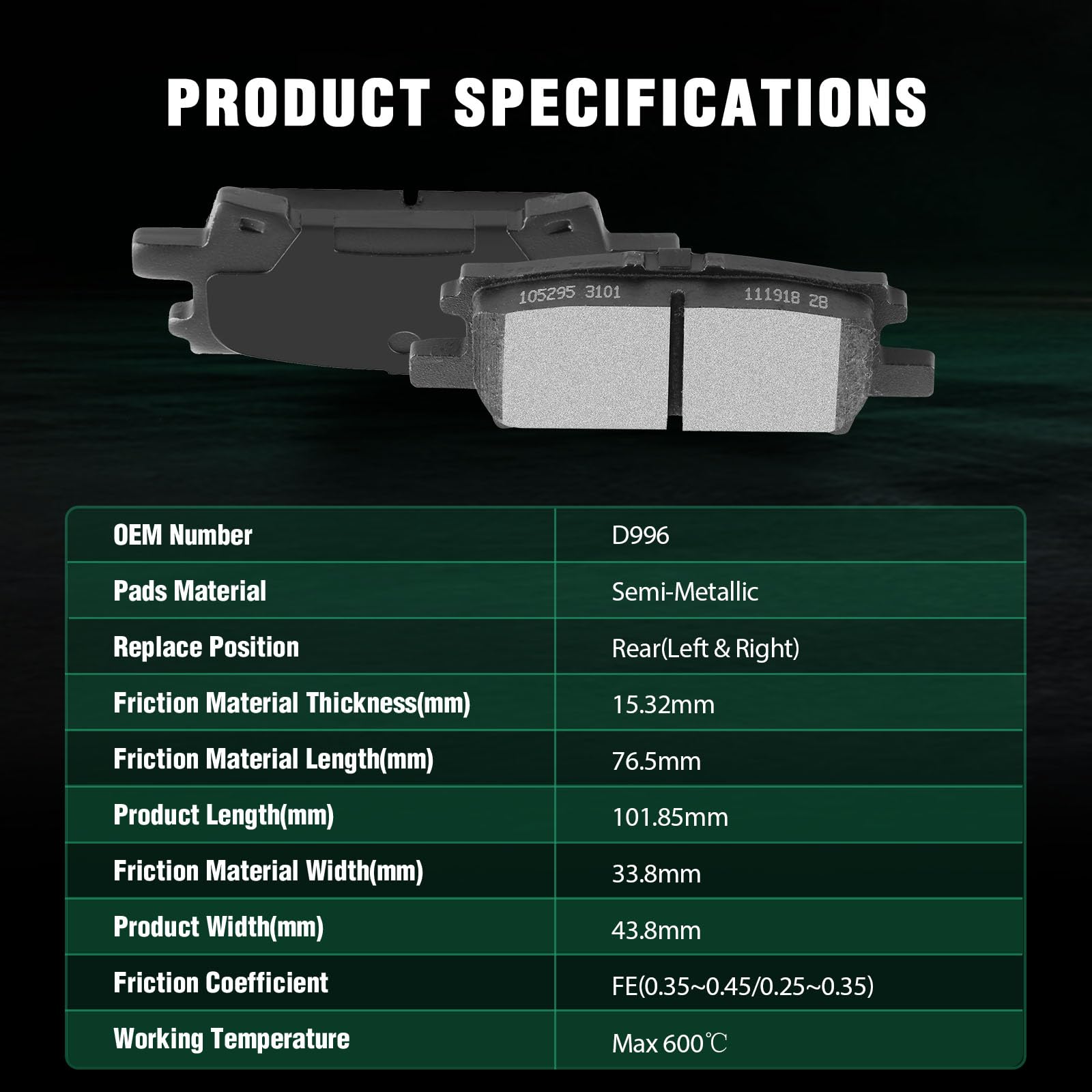 Automuto 4Pcs Rear Semi-Metallic Disc Brake Pads Set D996 For Lexus Rx330 2004-2006,For Lexus Rx350 2007-2009,For Toyota For Hig