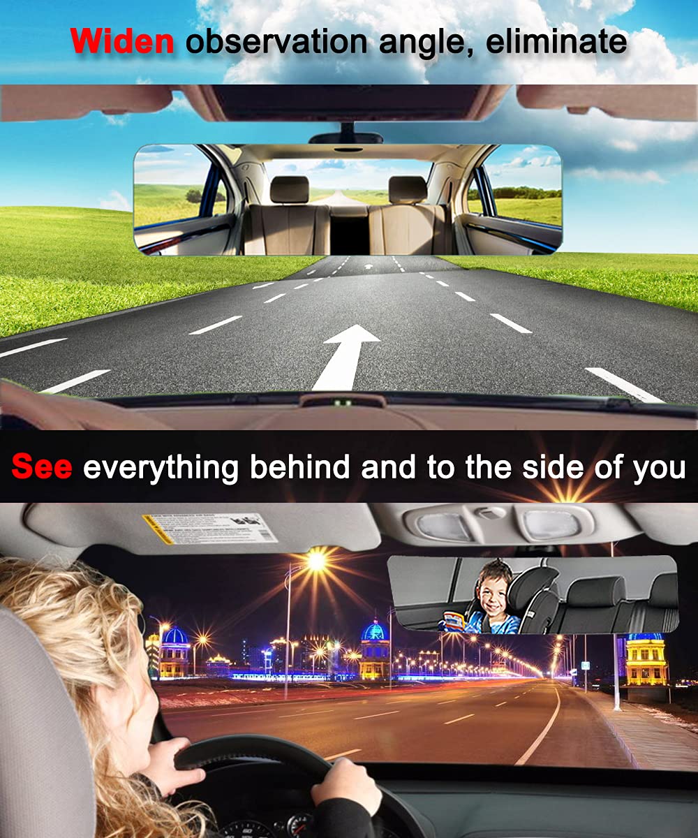 (Newest Version) Skycrophd Frameless Rear View Mirror Interior Panoramic Wide Angle Mirror Eliminate Blind Spots For Car Suv Truck - Flat,11.8In (White)