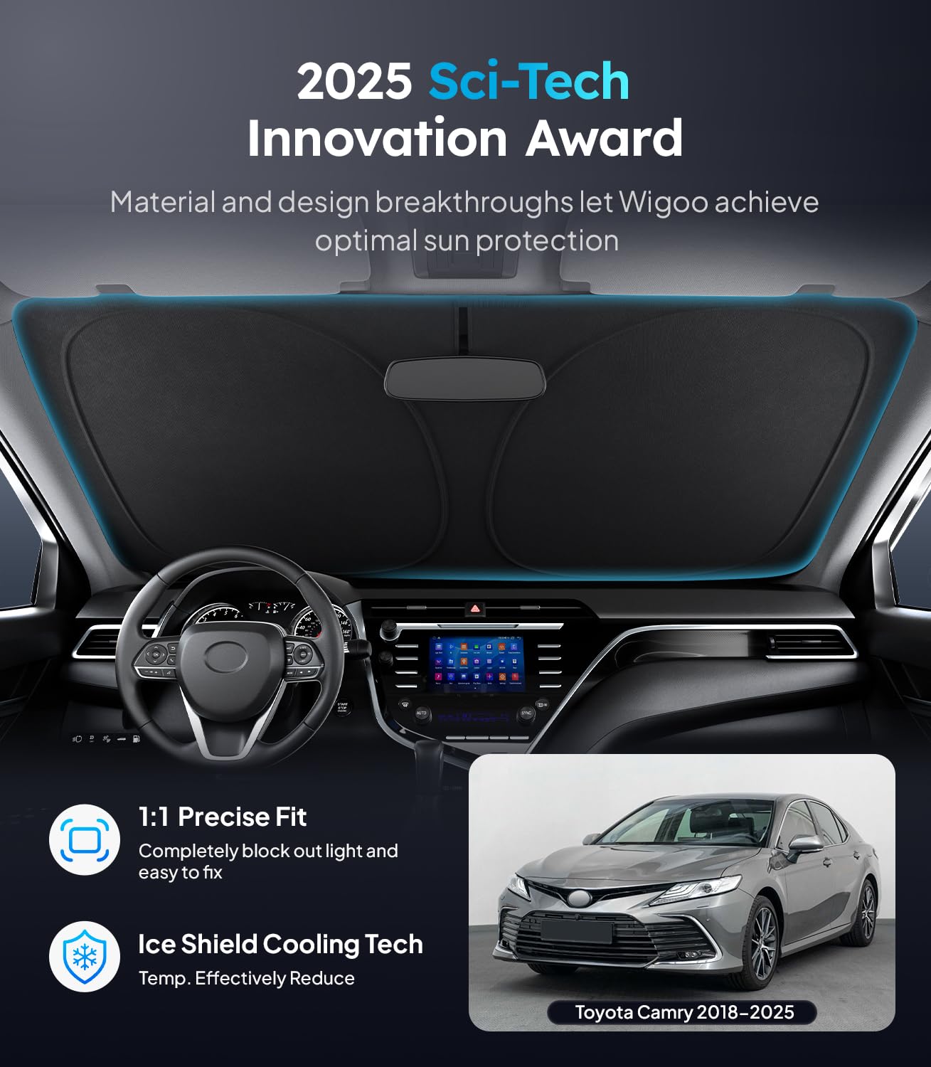 Wigoo For Toyota Camry 2018-2025 Windshield Sunshade [100% Sun Block, 4Th-Gen Cooling Tech] Foldable Heat Insulation Front Windo
