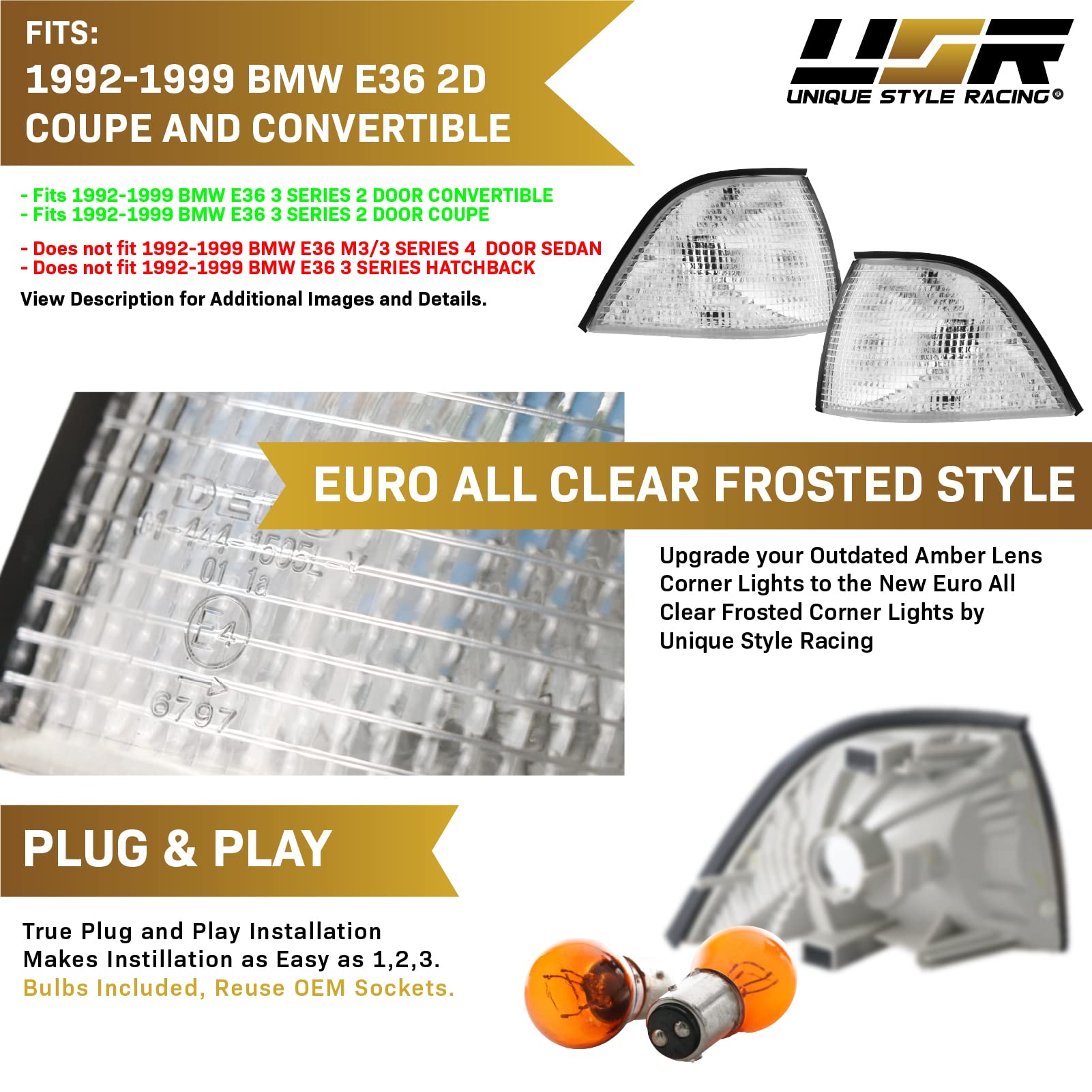 DEPO E36 2D Corner Lights - Euro Cornering Turn Signal Lamps Set (Left + Right) Compatible with 1992-1999 BMW E36 2 Doors Coupe