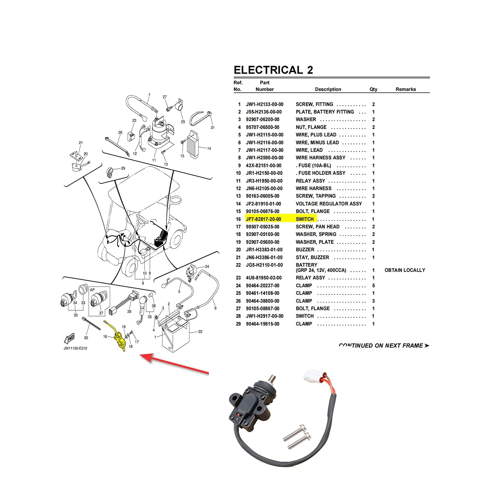 Drive-Up Golf Cart Stop Switch Fits Yamaha G14, G16, G19, G22 G29 Gas/Electric Models, Jf7-82817-20