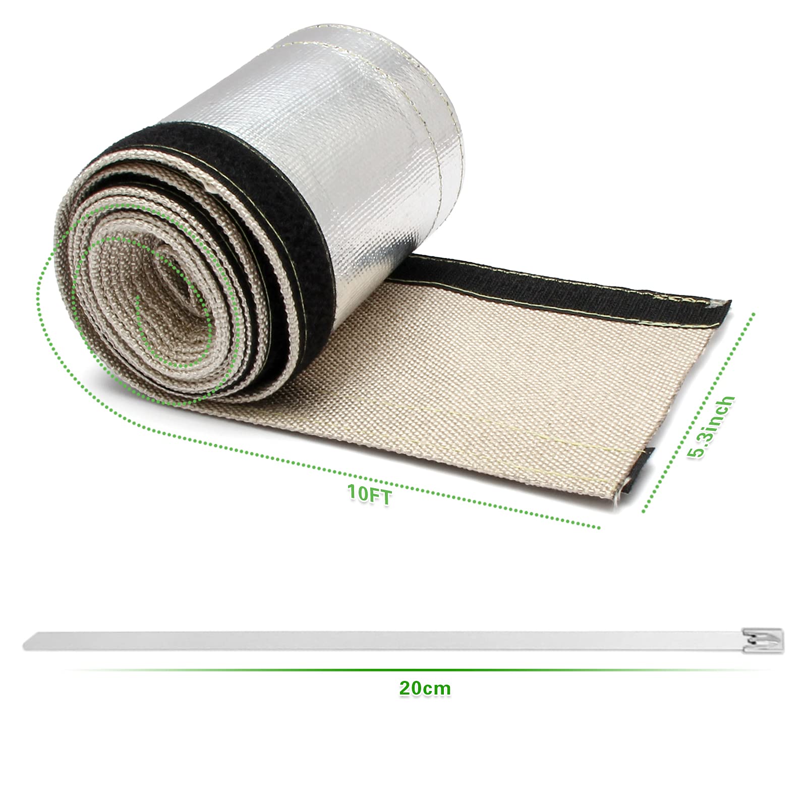 Heat Shroud Aluminized Sleeving Heat Shield Fuel Line Wire Heat Sleeve 1-1/4''I.D. X 10Ft With 20 Pcs 7.8Inch Stainless Steel Ca