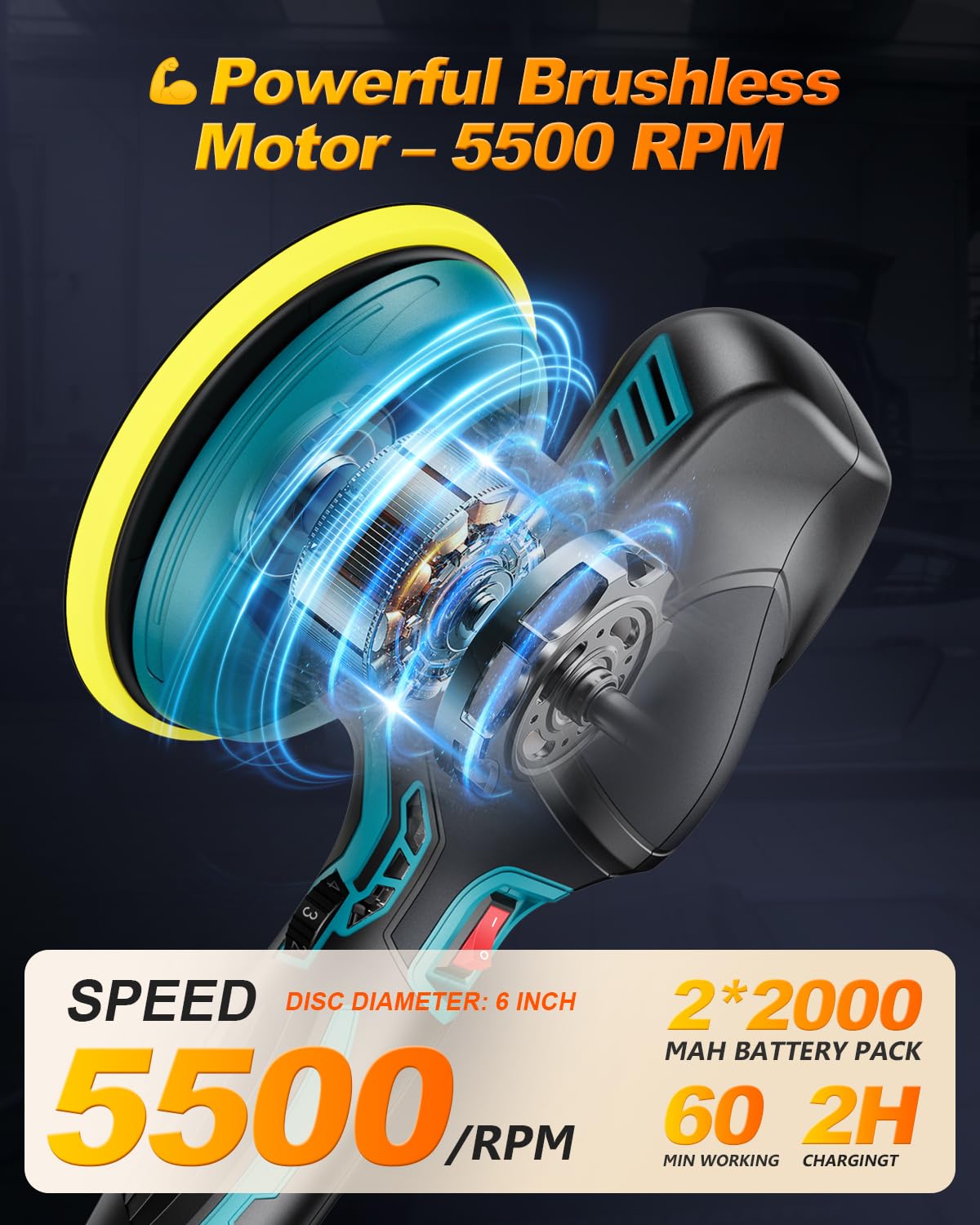 Eioehtl Cordless Buffer Polisher - 6 inch Car Polisher with 2pcs 21V 2000mAh Lithium Battery and 13 PCS Attachments, Car Buffer