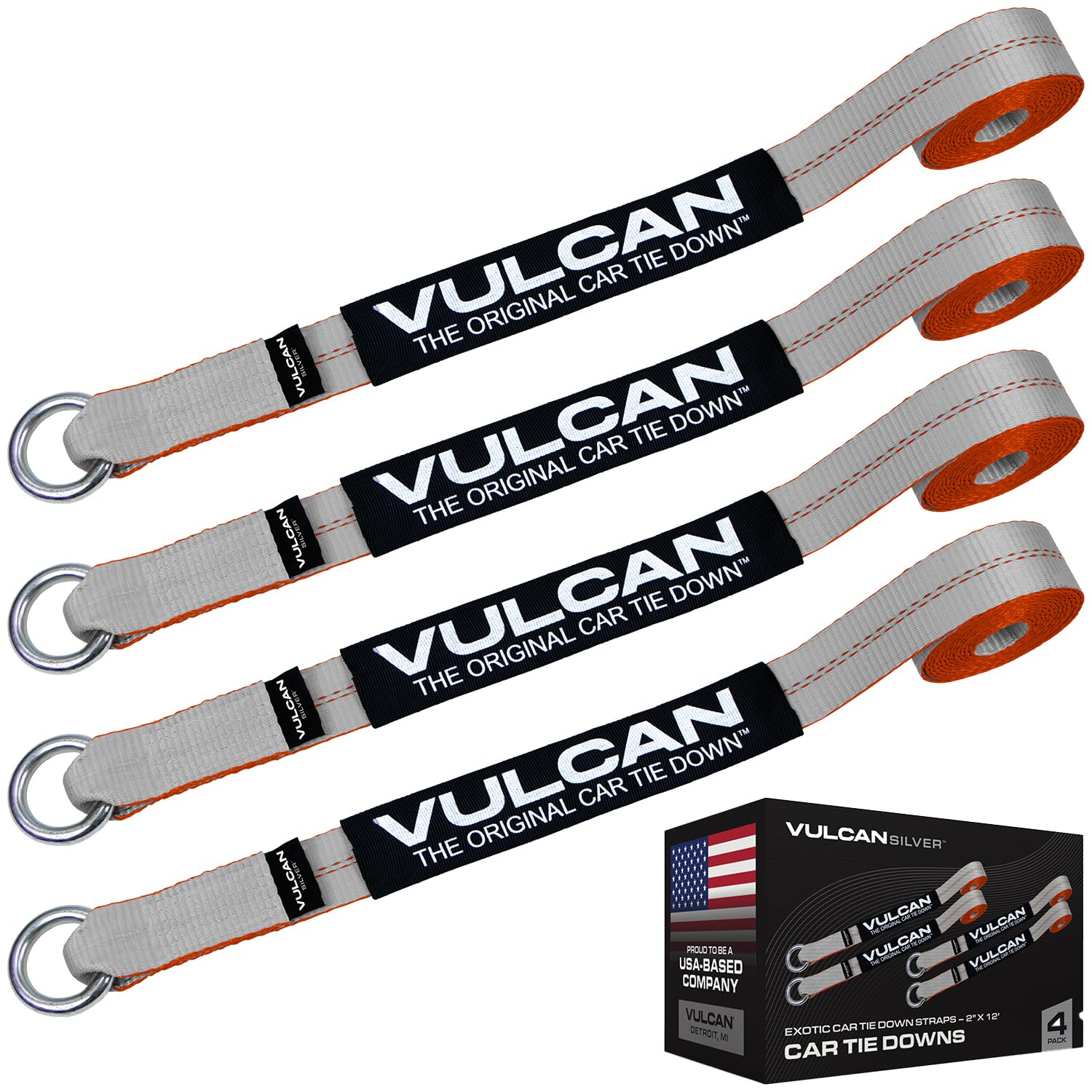 Vulcan Exotic Car Rim Tie Down Set - 2 Inch X 144 Inch - 4 Straps - Silver Series - 3,300 Pound Safe Working Load