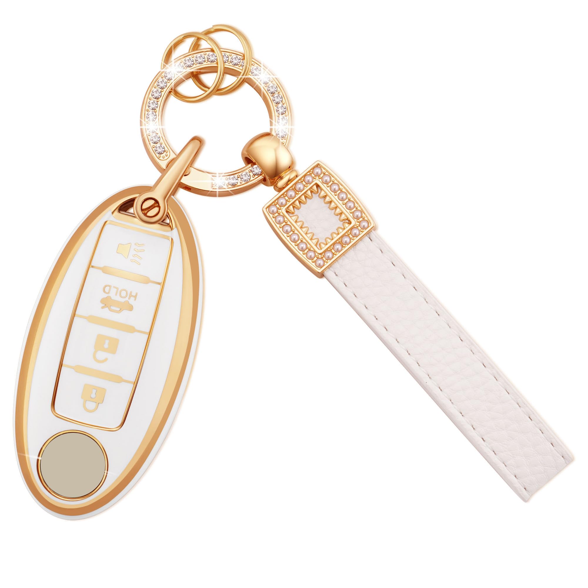 EKALA for Nissan 4-Button Key Fob Cover Soft TPU White Case with Leather Lanyard Fit for Altima Armada Maxima Sentra Pathfinder 