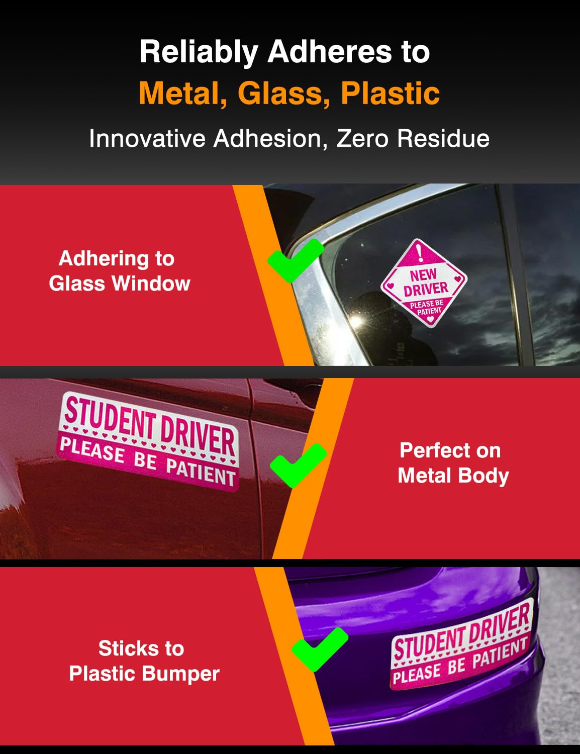 Student Driver Stickers (Non-Magnet) - Reusable, Reflective New Driver Sign For Car Bumper & Windows, Scratch-Free, Weather-Resi