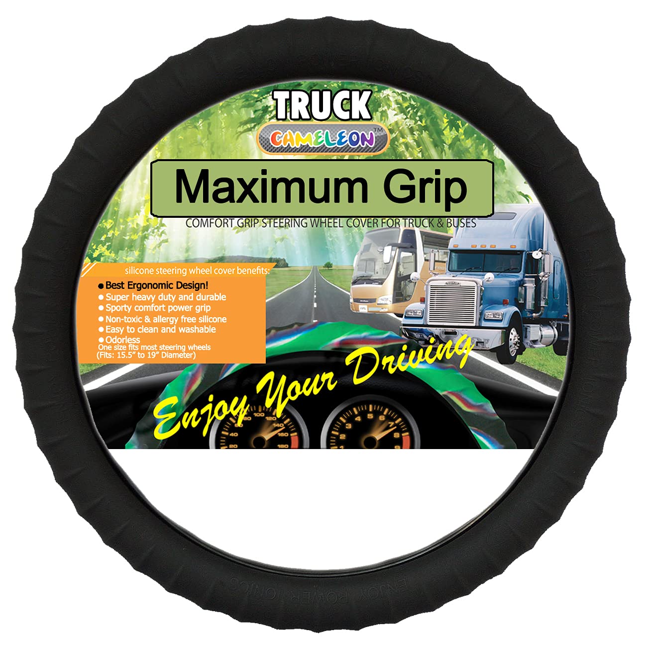 Cameleon Cover Silicone Semi-Truck Steering Wheel Cover Fits 16 17 18 19 Steering Maximum Grip, Black